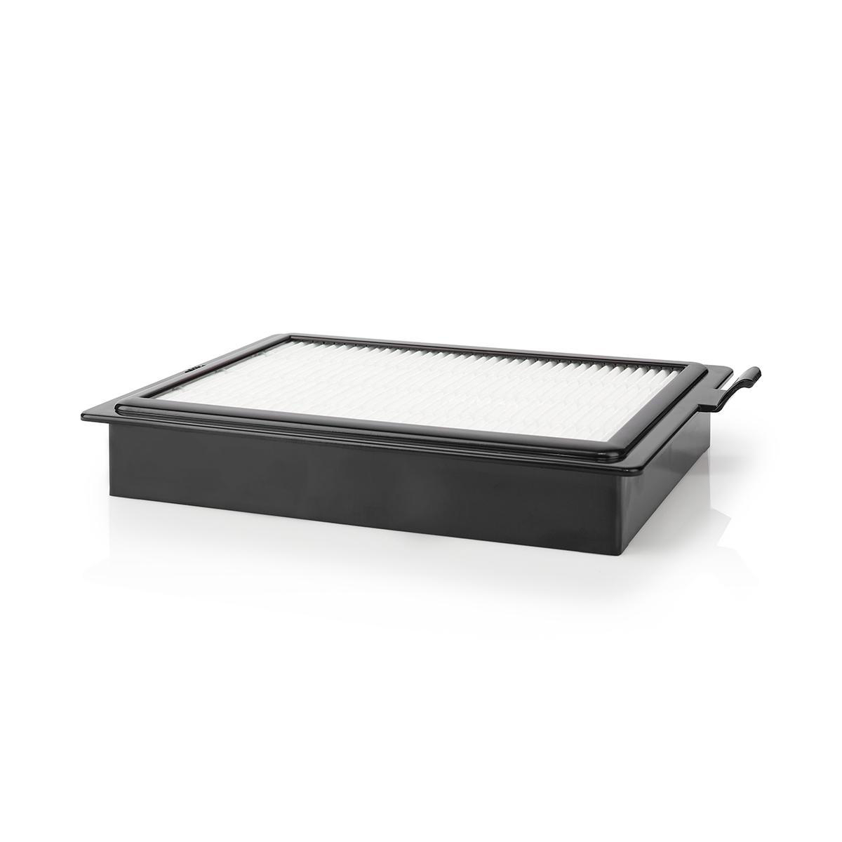 A rectangular air filter in a black frame on a white background.