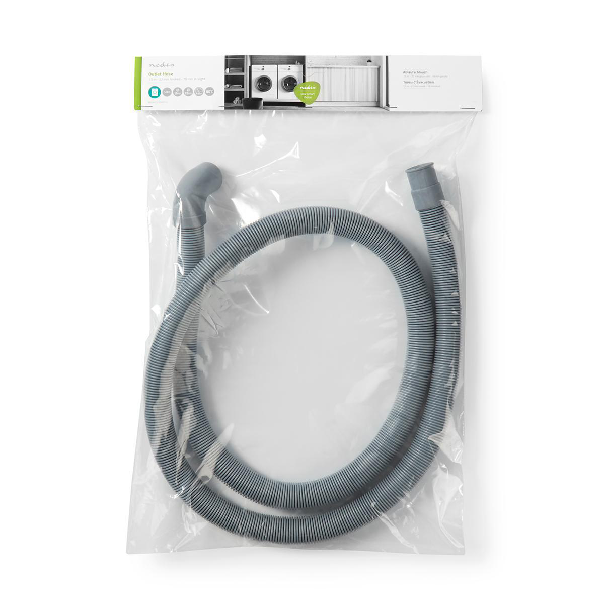 Ein Waschmaschinenablaufschlauch in einer durchsichtigen Plastiktüte, mit einem grauen Wellschlauch.