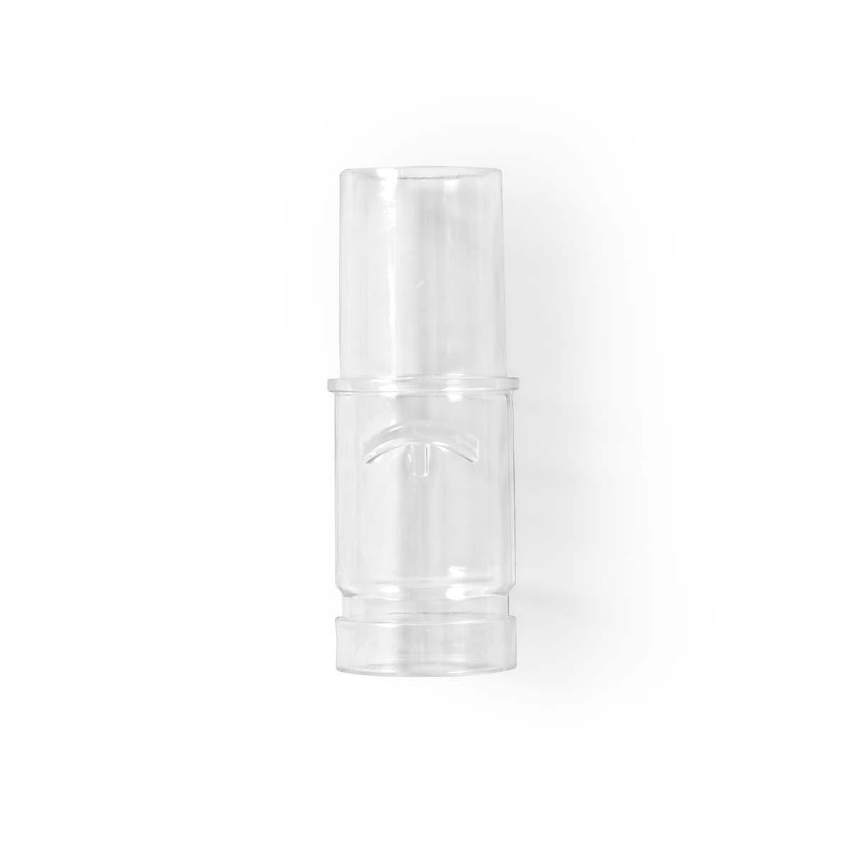 Accessorio in plastica trasparente per aspirapolvere su sfondo bianco.