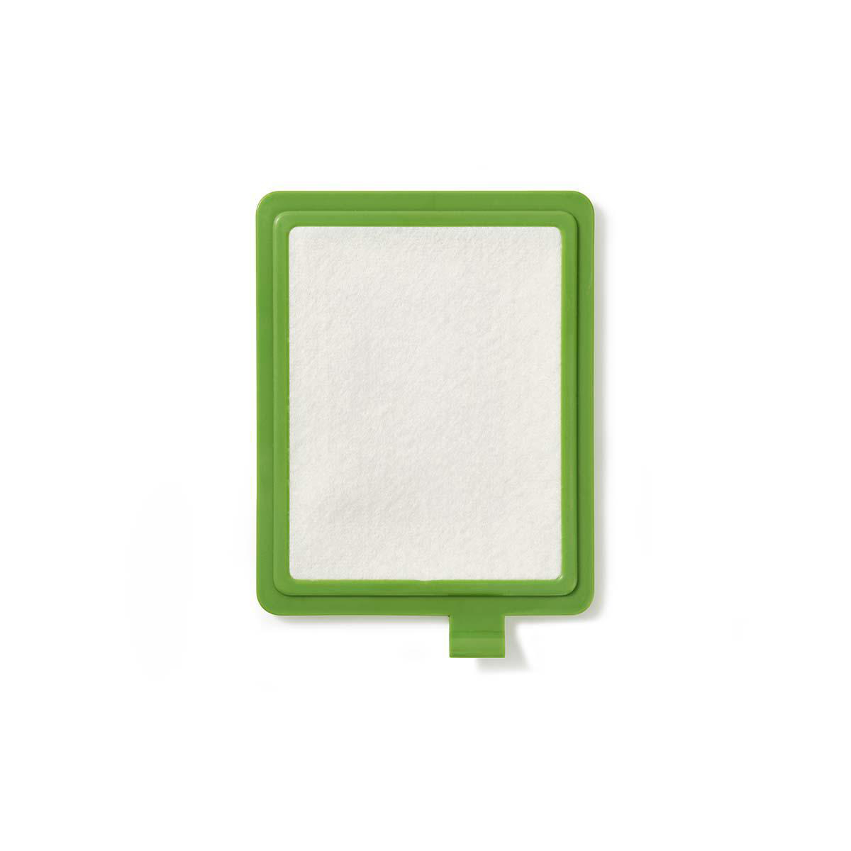 Un filtro per vuoto rettangolare verde con filtro bianco all'interno.