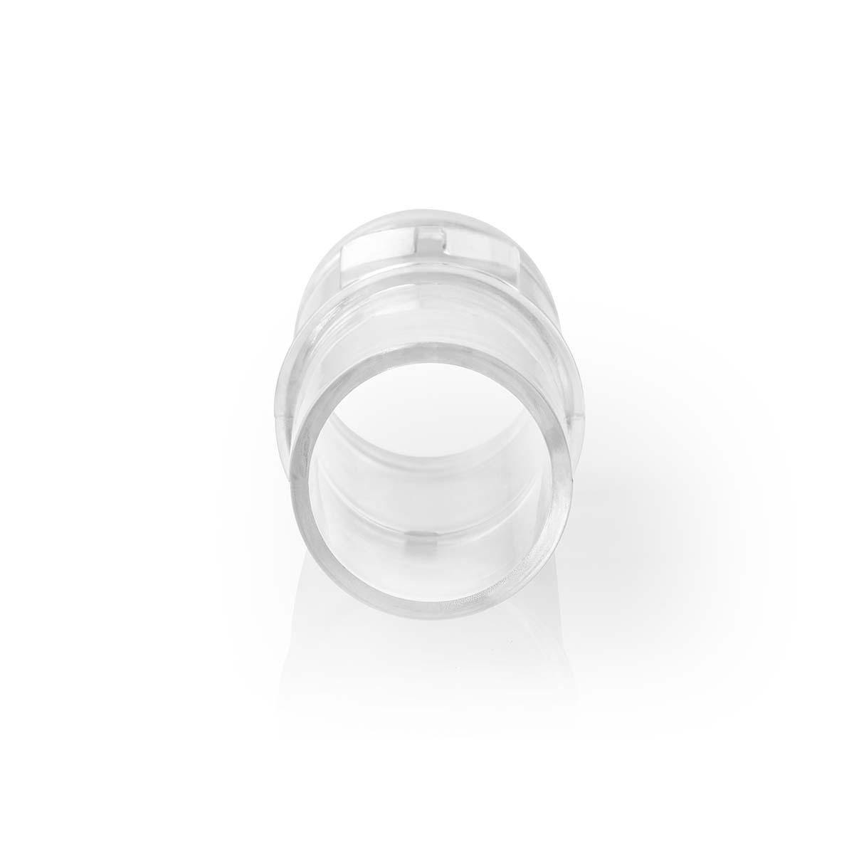 Un connettore per tubo aspirapolvere in plastica trasparente, sfondo bianco, con apertura circolare.