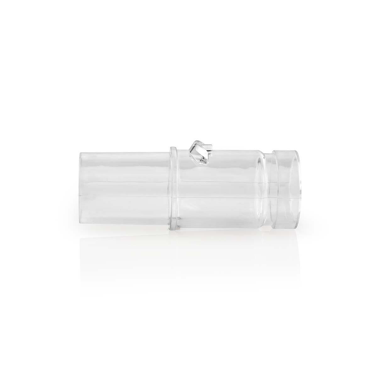 Tubo di plastica trasparente, cilindrico, con piccola chiusura su sfondo bianco.