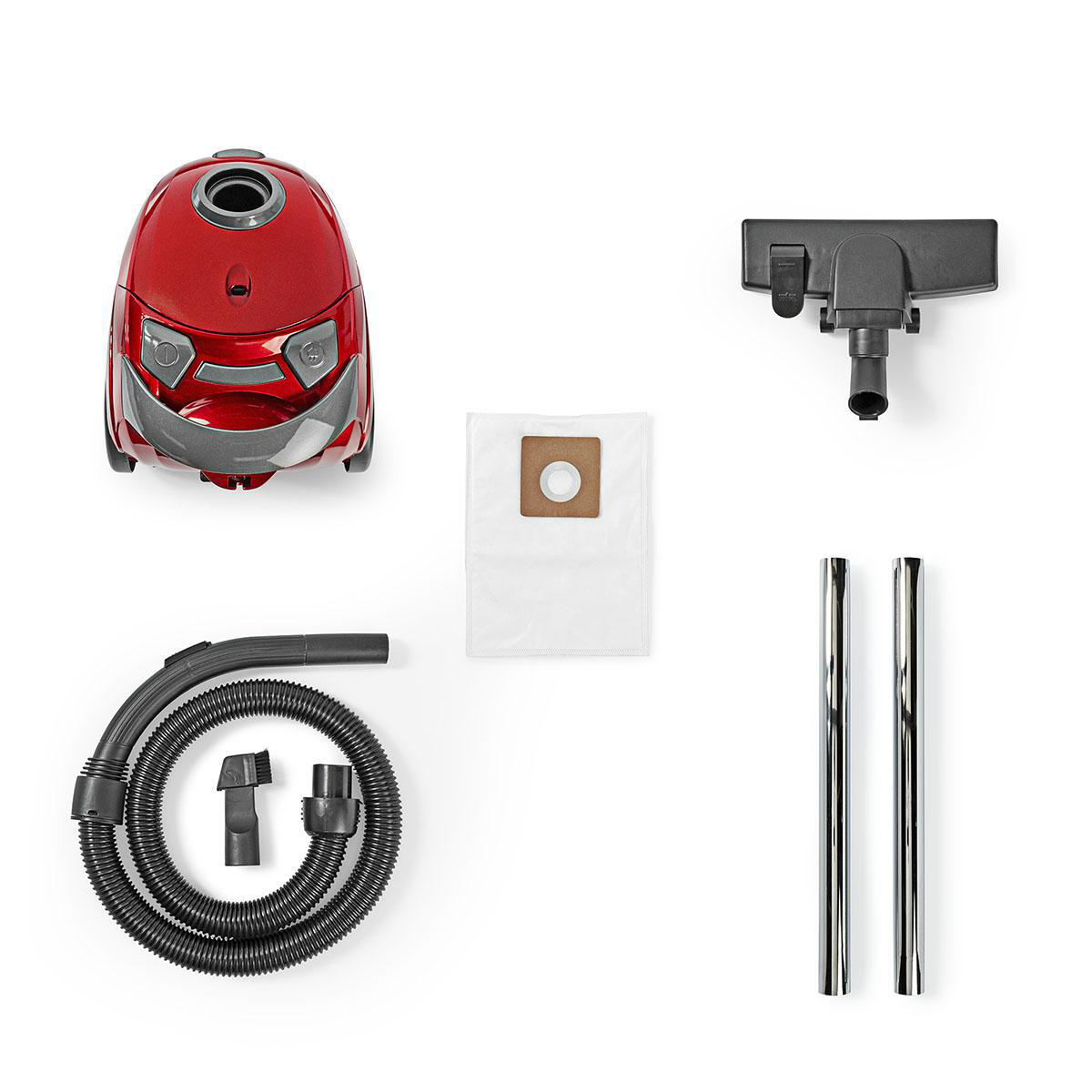 Czerwony odkurzacz z akcesoriami na białym tle. Zawiera wąż, szczotki i worek.