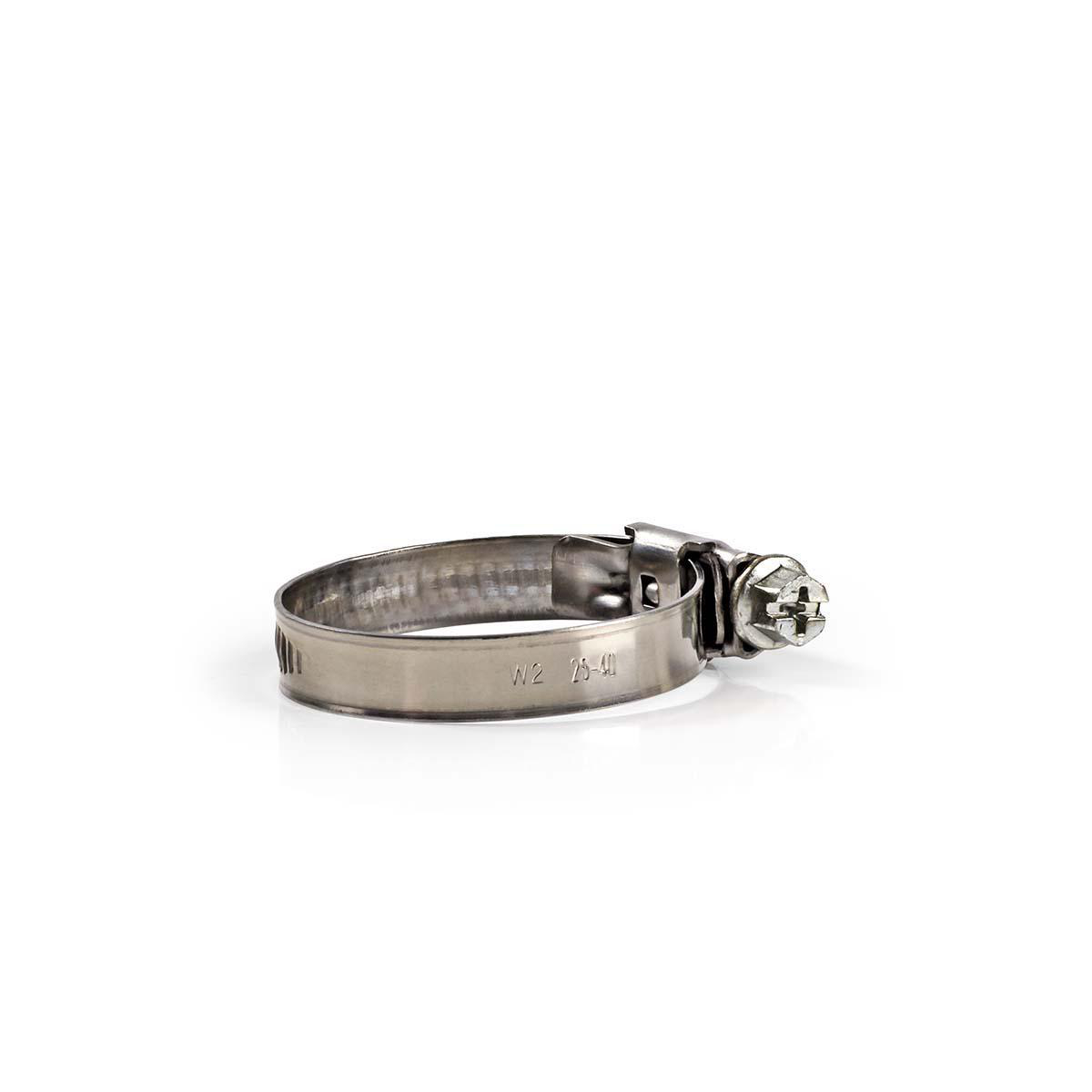A metal hose clamp on a white surface.