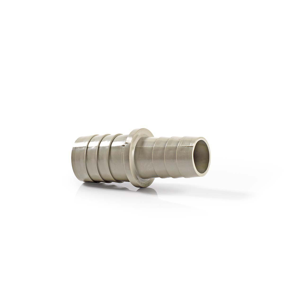 Metallic pipe fitting with a ribbed design, white background.