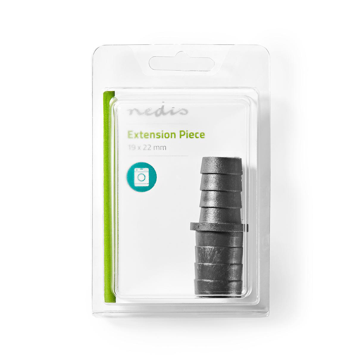 Extension piece packaging. Text: Extension Piece, 19x22 mm. The piece is black.
