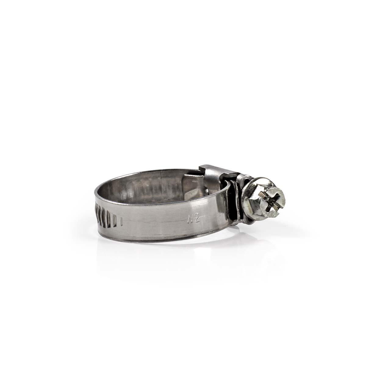 Metal hose clamp on a white background, with screw and band.