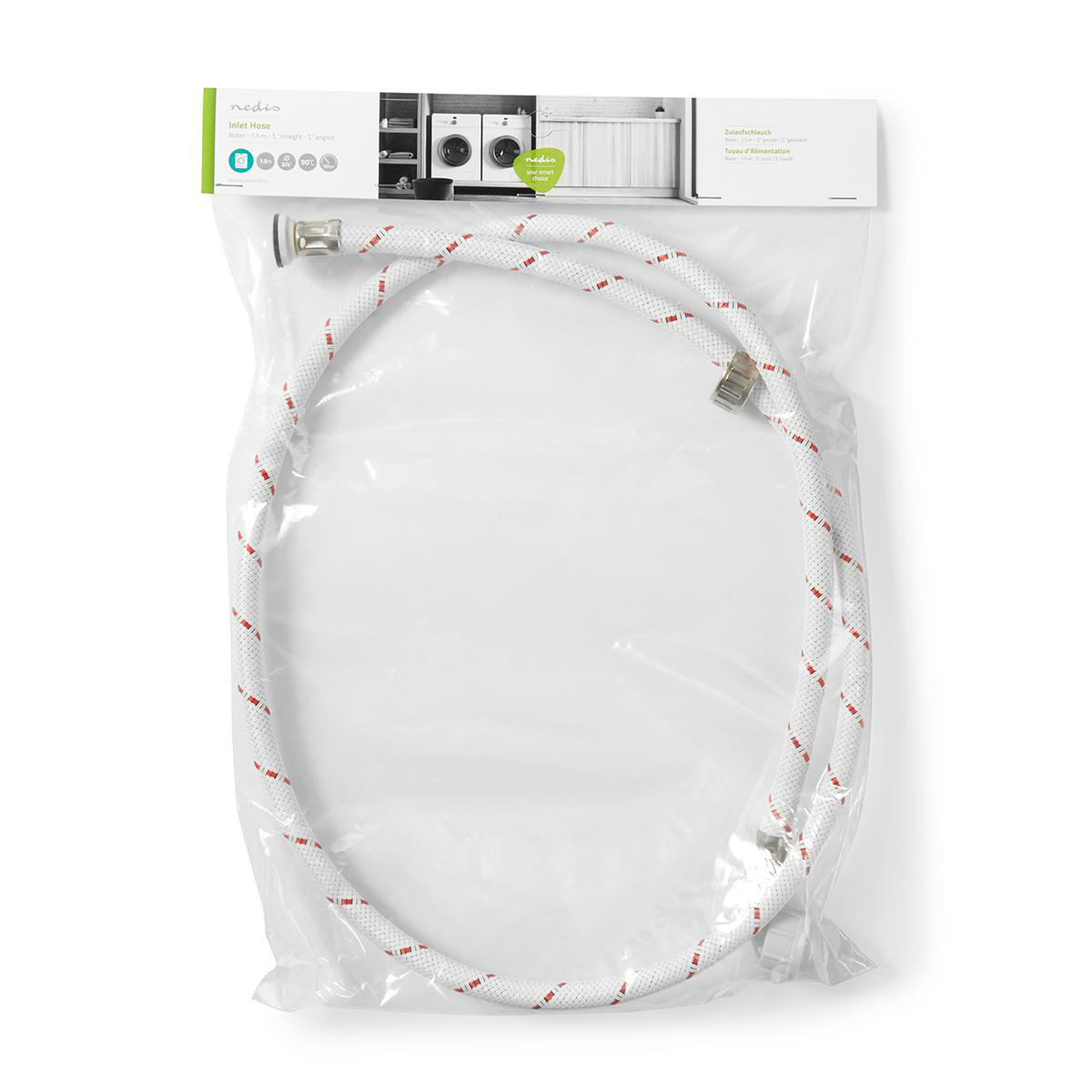 Waschmaschinen-Einlassschlauch in einer transparenten Plastiktüte auf weißem Hintergrund.