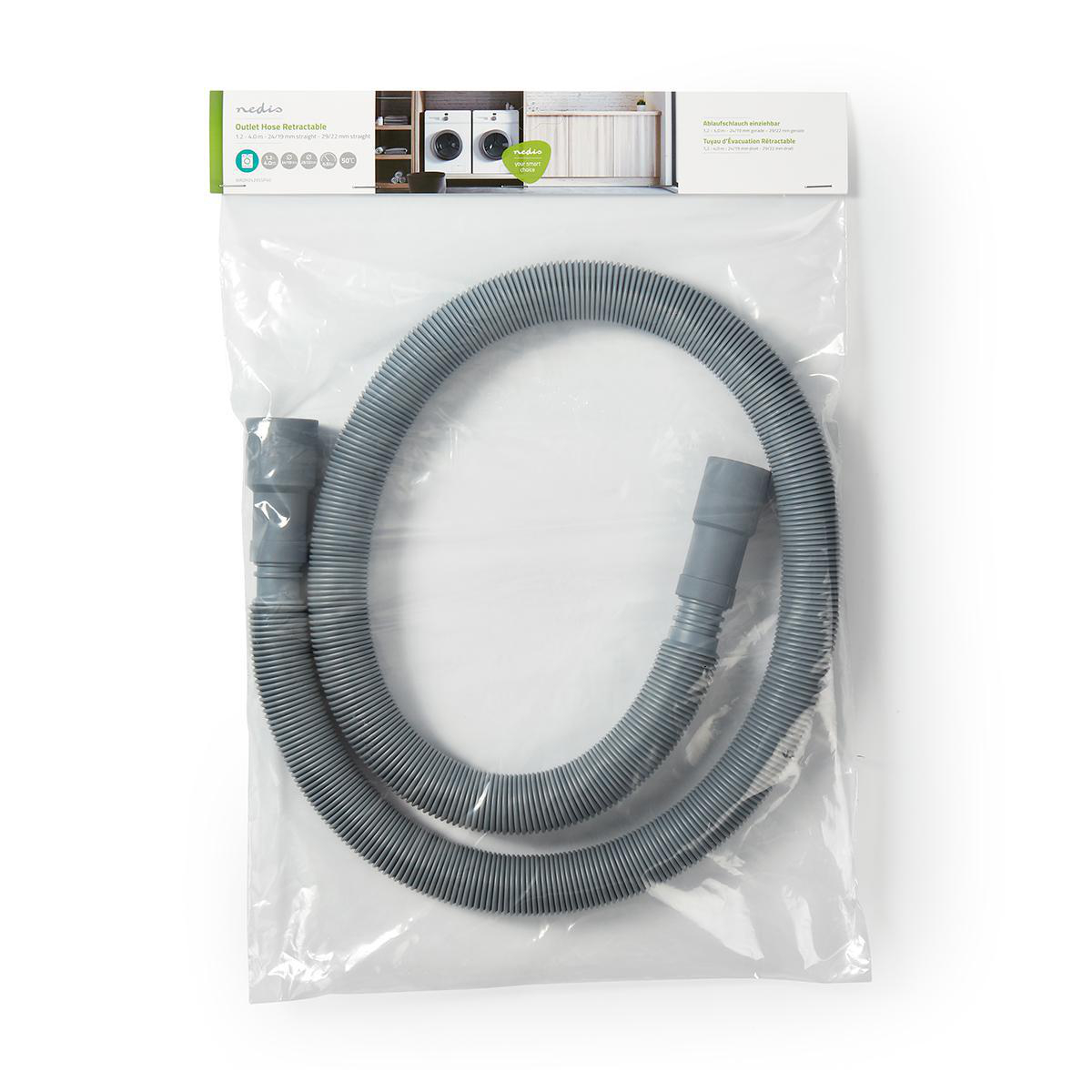 Grey corrugated hose in a clear plastic bag, isolated on white.