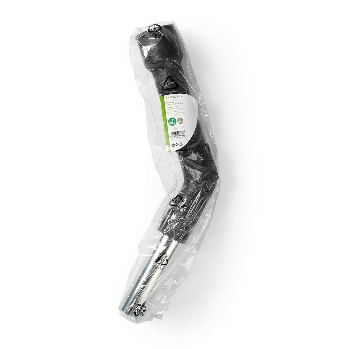 Schwarzes Staubsauger-Verlängerungsrohr in Plastiktüte auf Weiß.