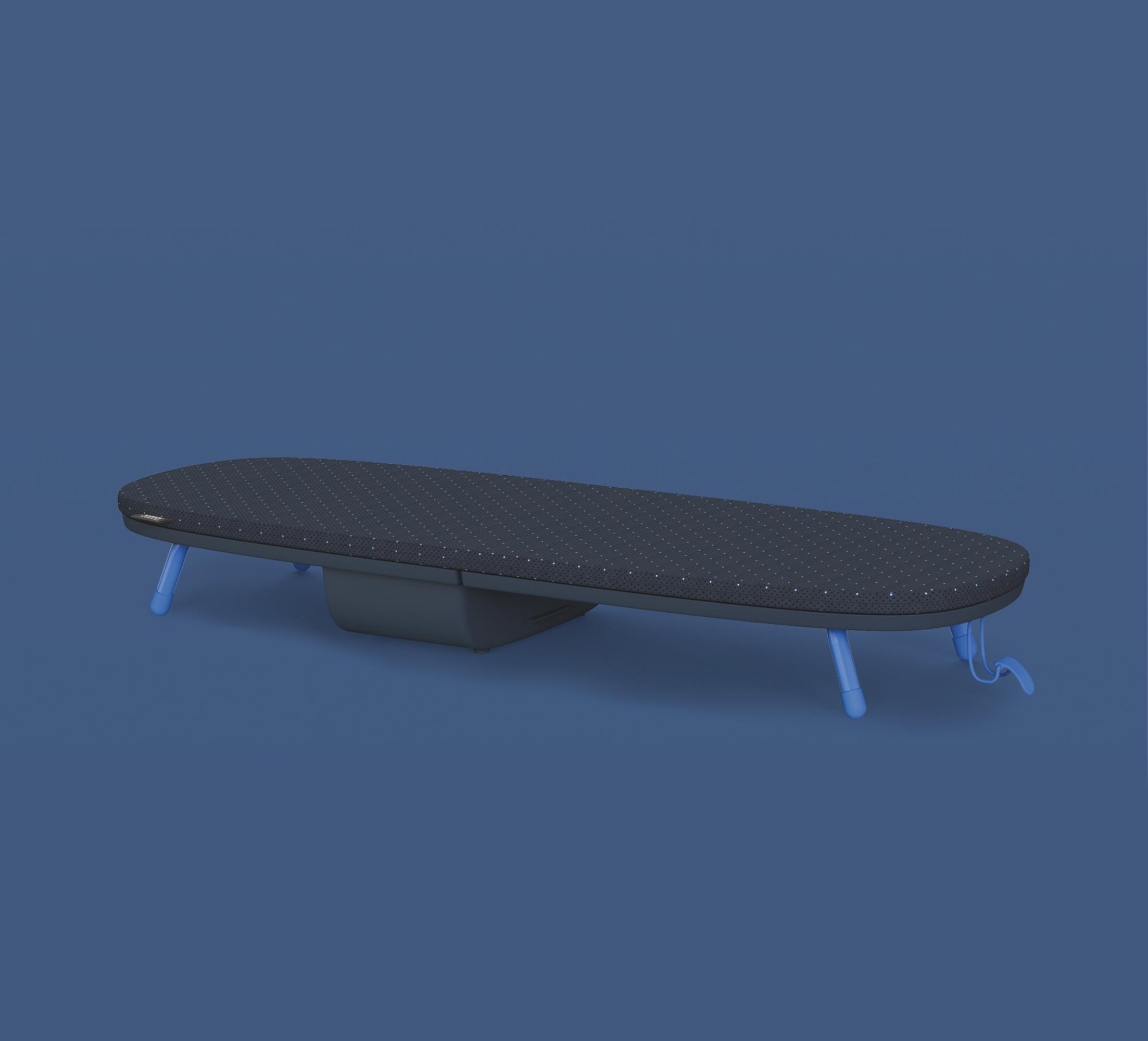Una tabla de planchar con la parte superior gris y patas azules sobre un fondo azul. La parte superior tiene pequeños puntos blancos.