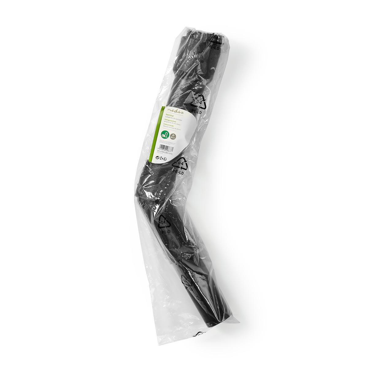 Ein schwarzer Staubsaugerschlauch in einer transparenten Kunststoffverpackung auf weißem Hintergrund.