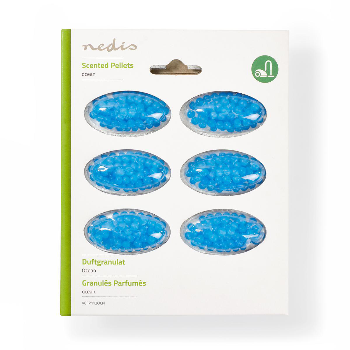Confezione con sei capsule ovali riempite di perline profumate blu.