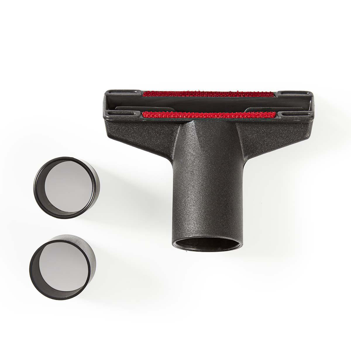 Accessorio aspirapolvere grigio scuro con setole rosse e due adattatori tondi.