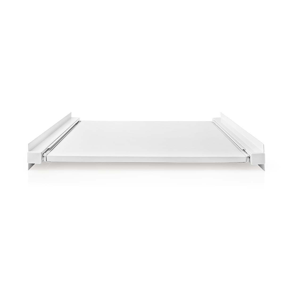 A white, rectangular shelf on a white background.
