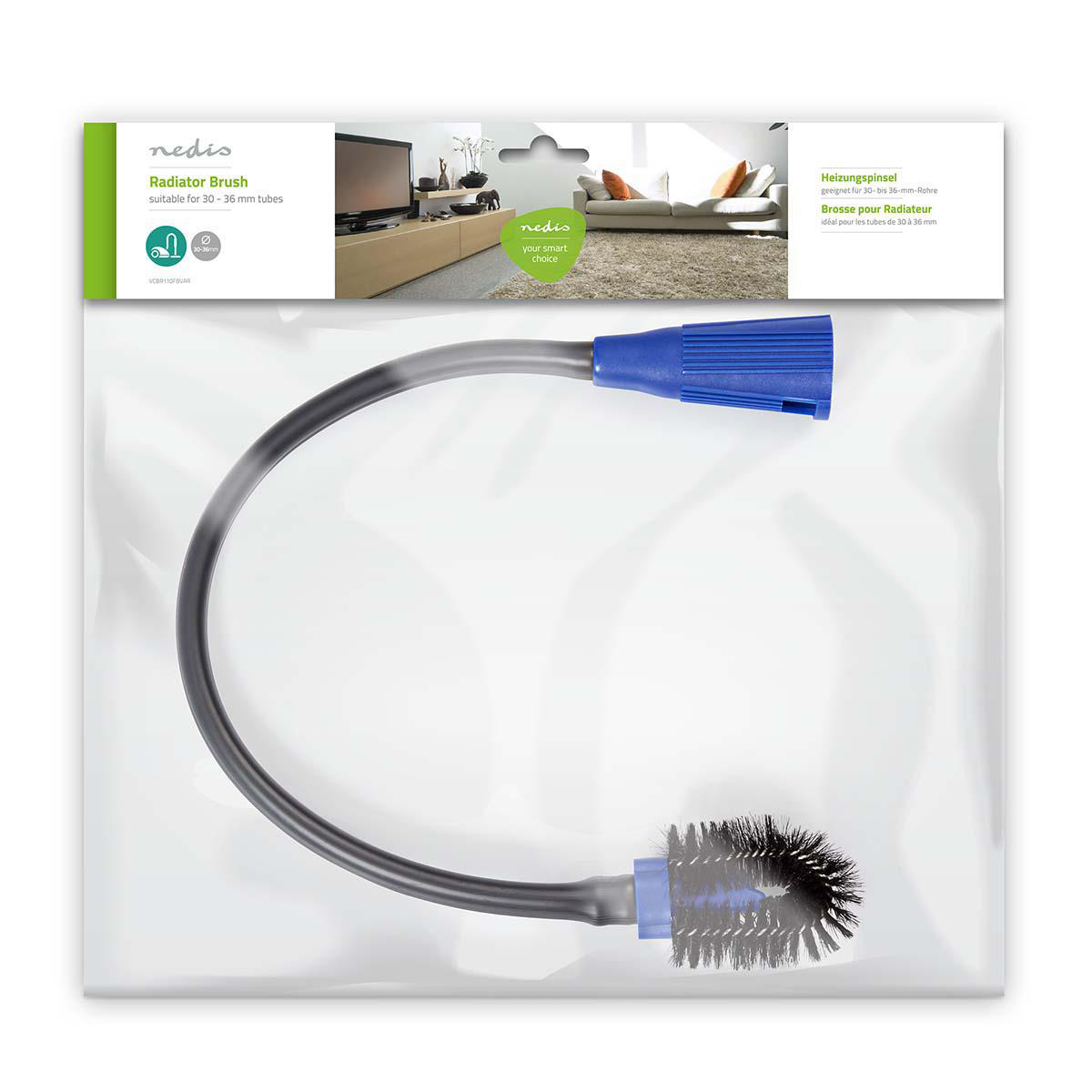 Radiator brush in a plastic bag with an advertisement on white.