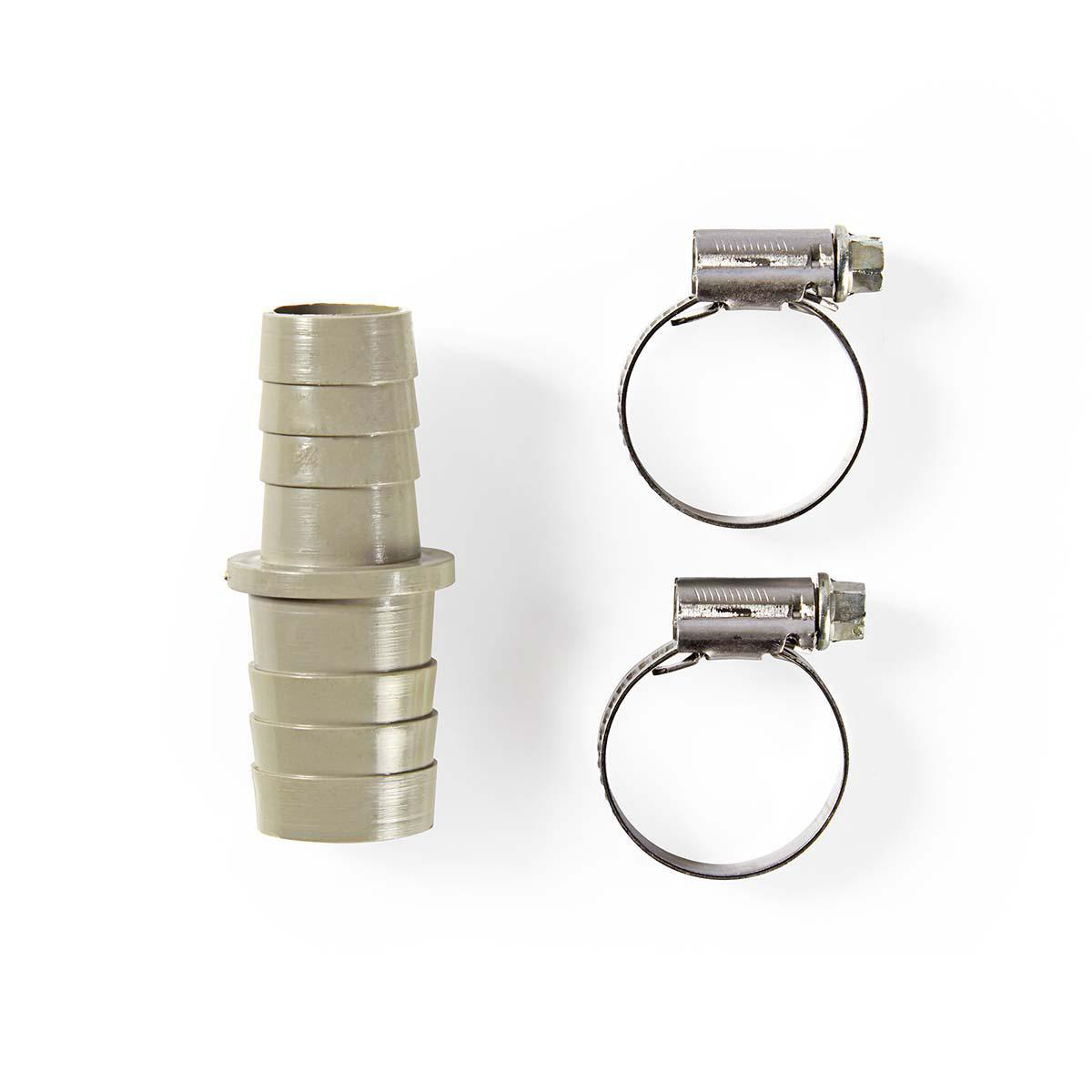 Gray plastic hose connector with two metal clamps on white background.