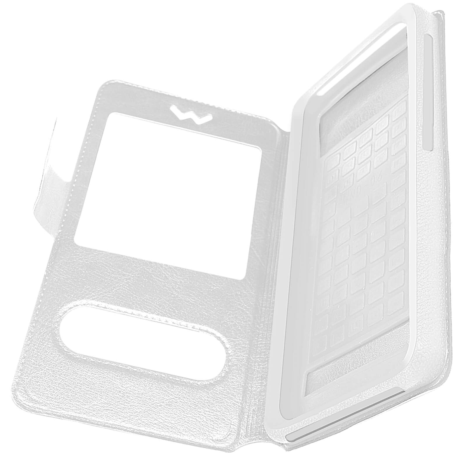 Custodia bianca per tablet, aperta e vuota. Copertura schermo in plastica trasparente, con un ritaglio.