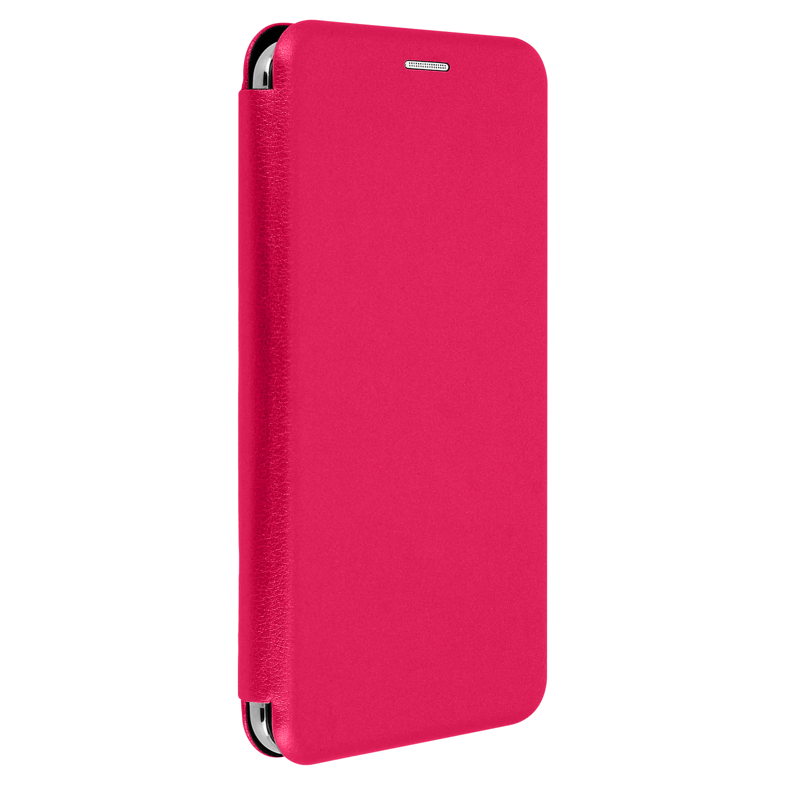 Una custodia per telefono magenta, chiusa, con texture in pelle, su sfondo bianco.
