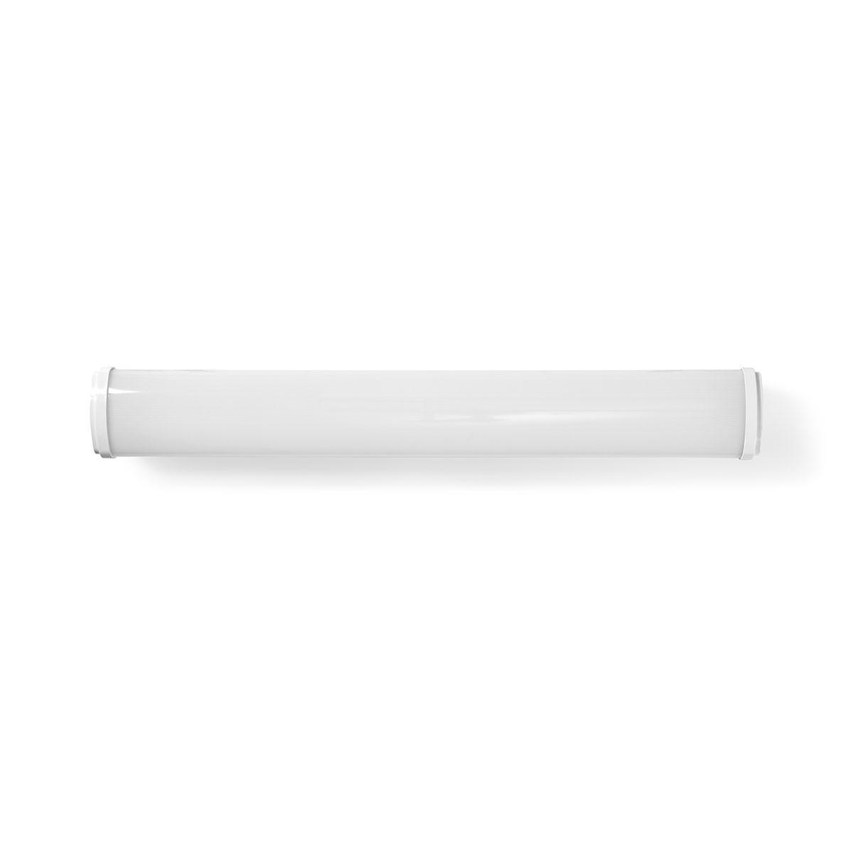 Un lungo tubo fluorescente bianco con tappi bianchi alle estremità su sfondo bianco.