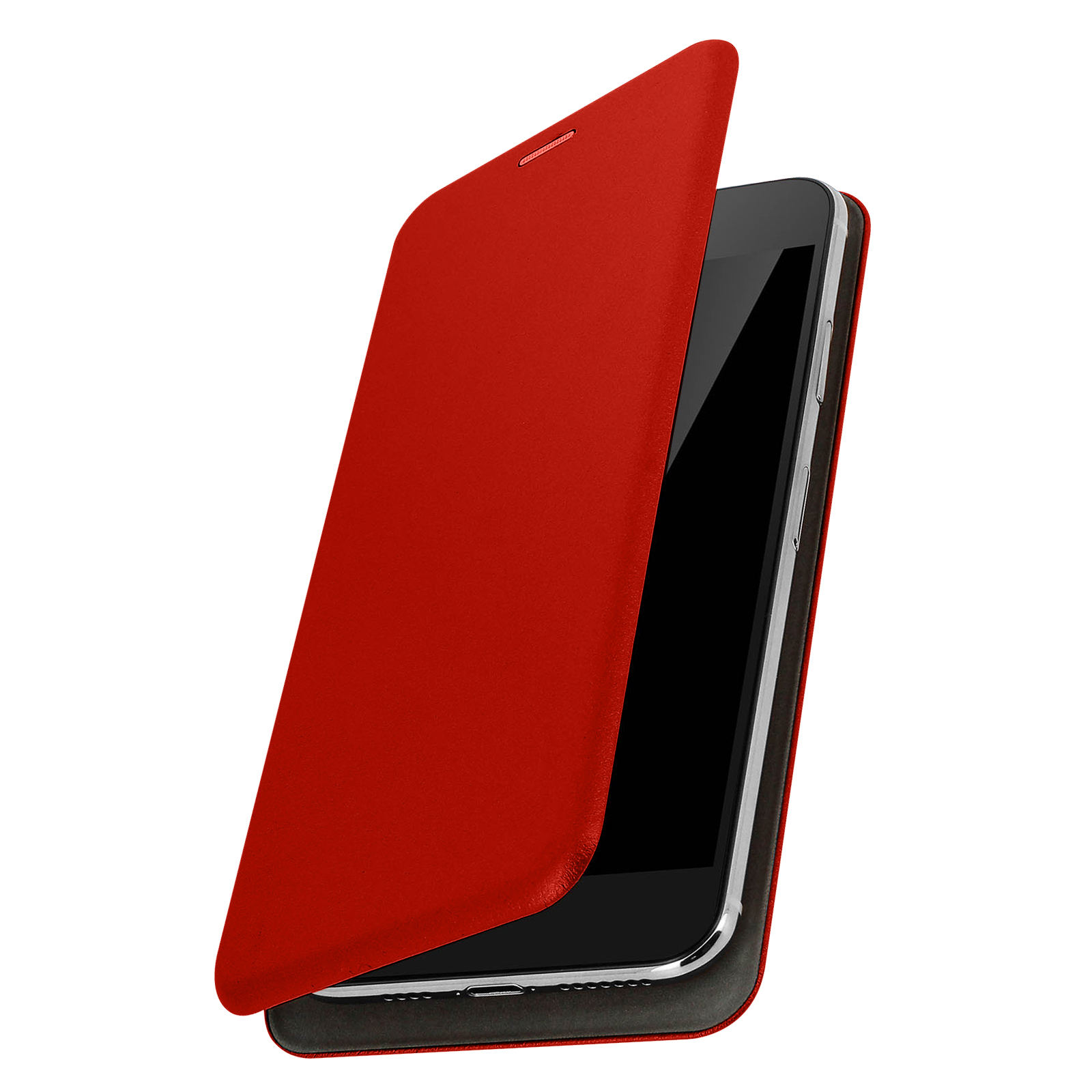 Una custodia rossa per telefono con un telefono parzialmente inserito.