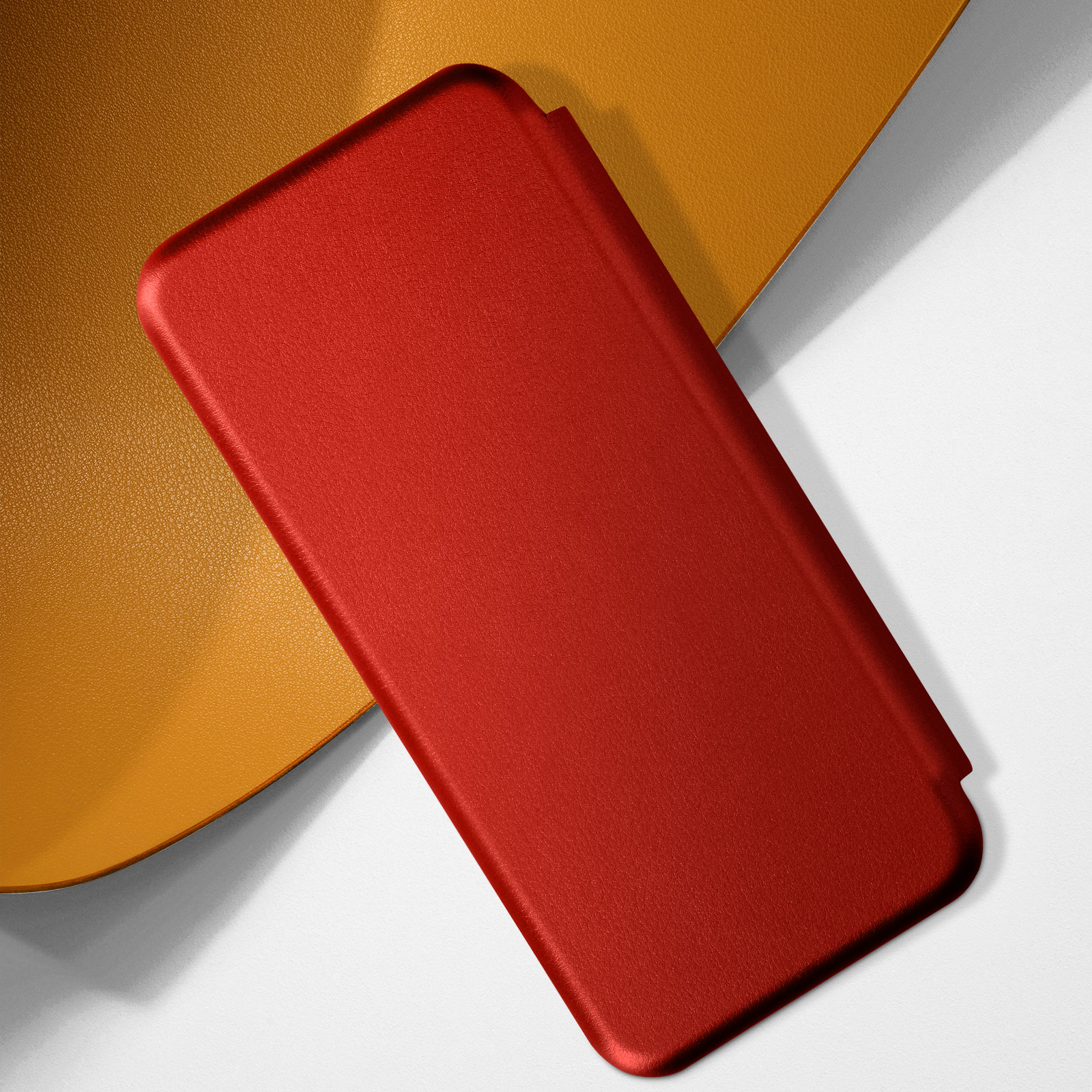 Custodia per telefono rossa, chiusa, con sfondo arancione e bianco.