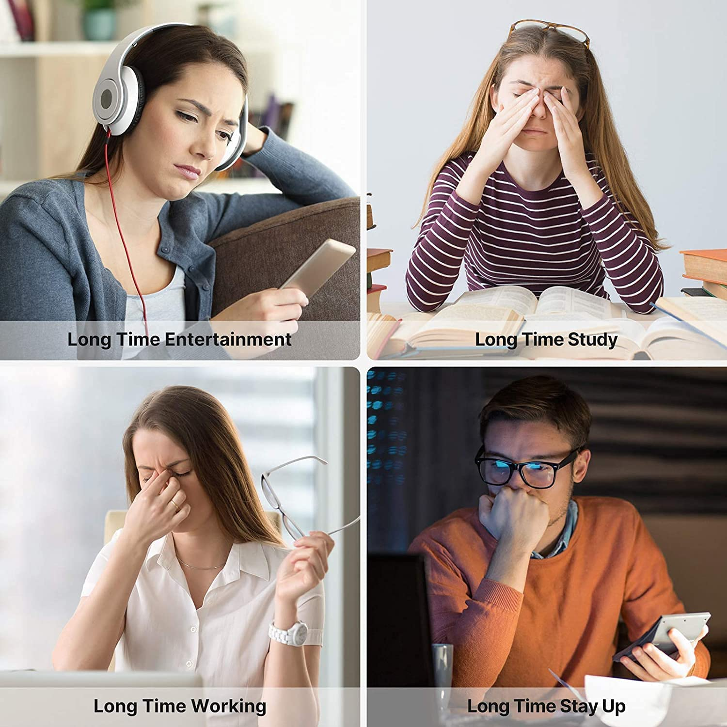 Vier Bilder zeigen Menschen mit Augenbelastung. Jeder Text: Lange Unterhaltung, Studium, Arbeit, Aufbleiben.