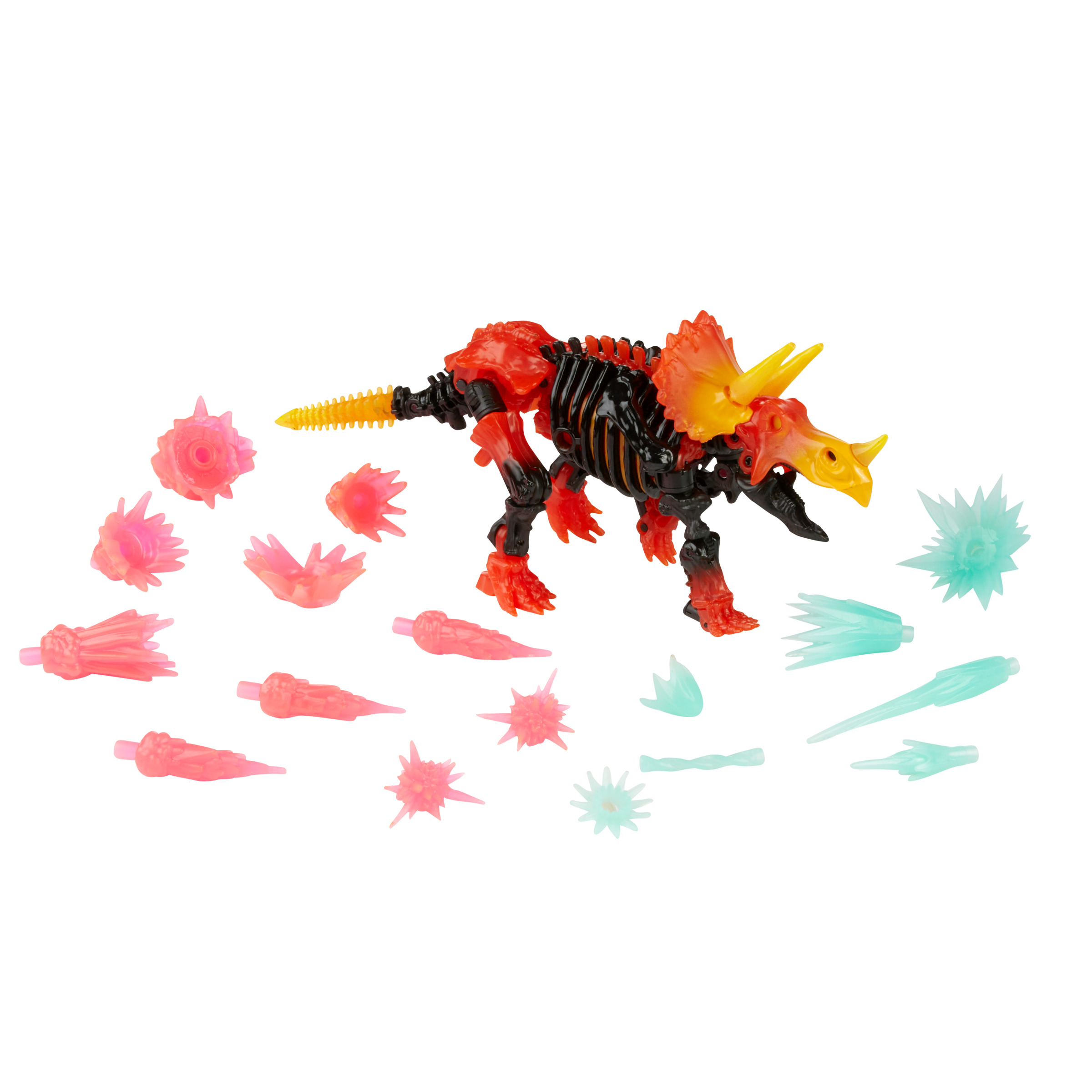 Ein Spielzeug-Dinosaurier mit abnehmbaren Teilen und verschiedenen Explosionseffekten.