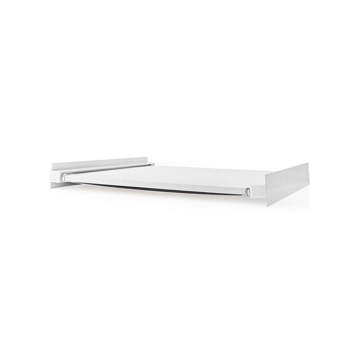 A white shelf with a curved front edge, against a white background.