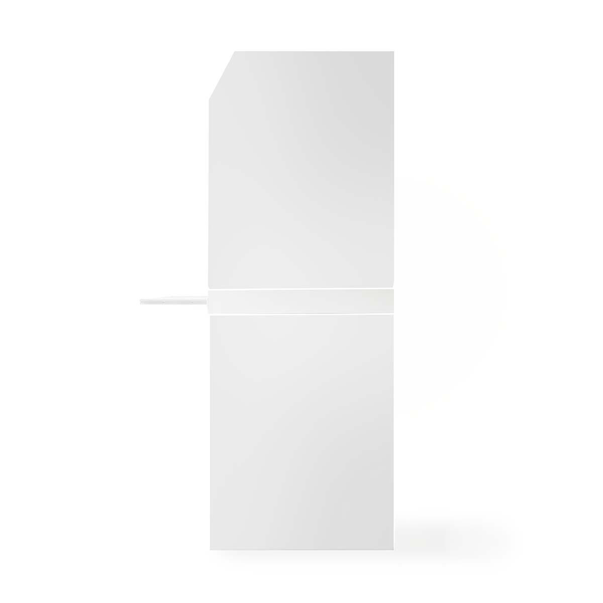 White cabinet, rectangular shape, standing on white surface. It has a small shelf on the side.