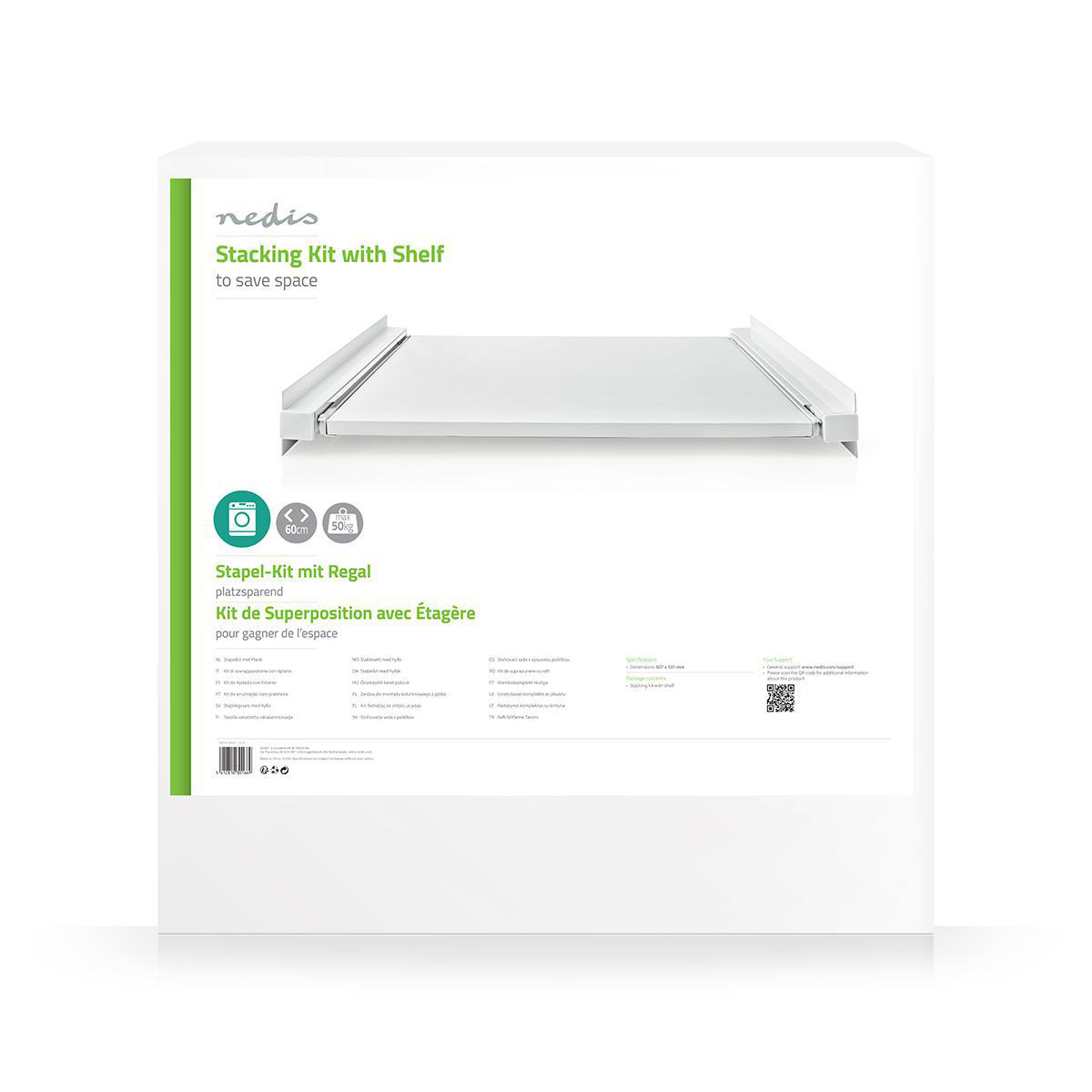White box with product image. Text: Stacking Kit with Shelf. Specs are visible.