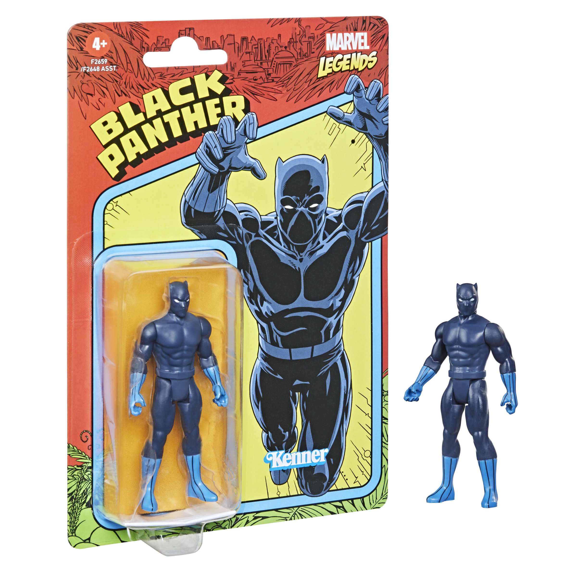 Figurka Black Panther w opakowaniu. Postać w pozycji bojowej, z tłem w stylu retro.