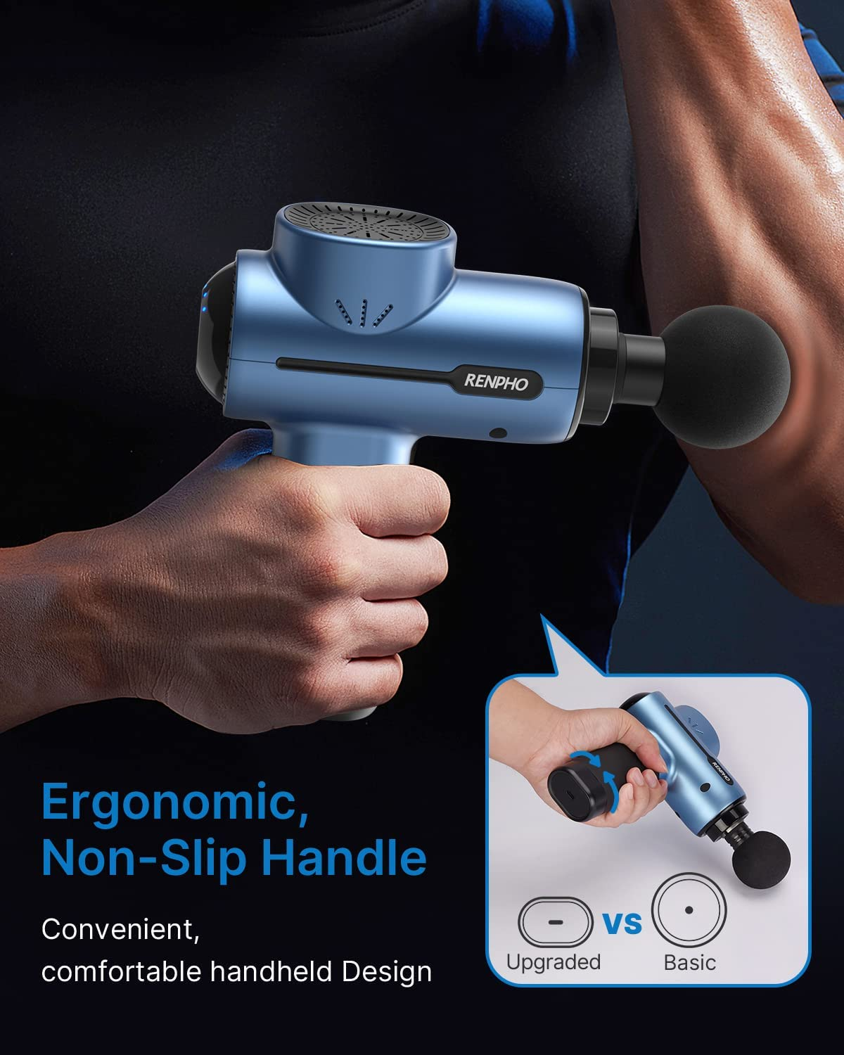 Eine blaue Massagepistole, die von einer Person gehalten wird, mit einer kleinen Grafik des Produkts.