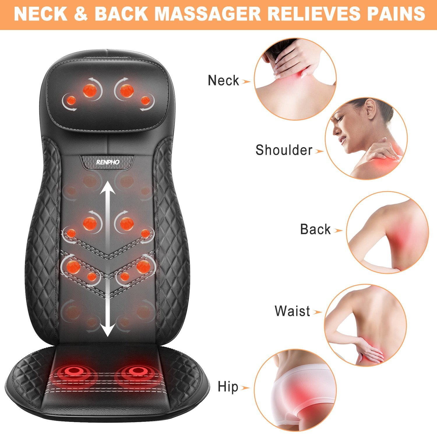 Ein Nacken- und Rückenmassagegerät mit Schmerzpunkten, die am Körper einer Person hervorgehoben sind.