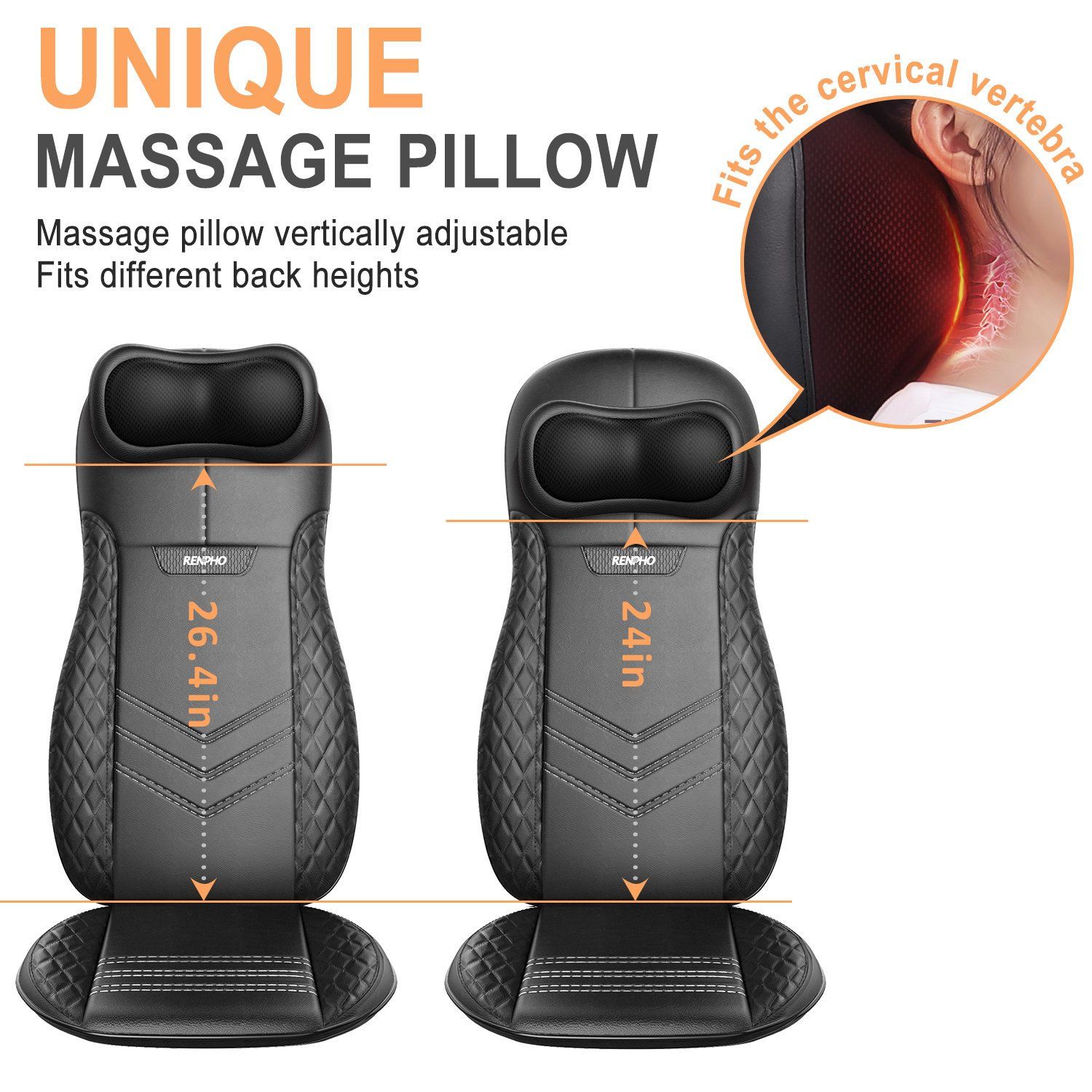 Zwei schwarze Massagekissen, mit Maßen und einer Abbildung der Nackenwirbelunterstützung.