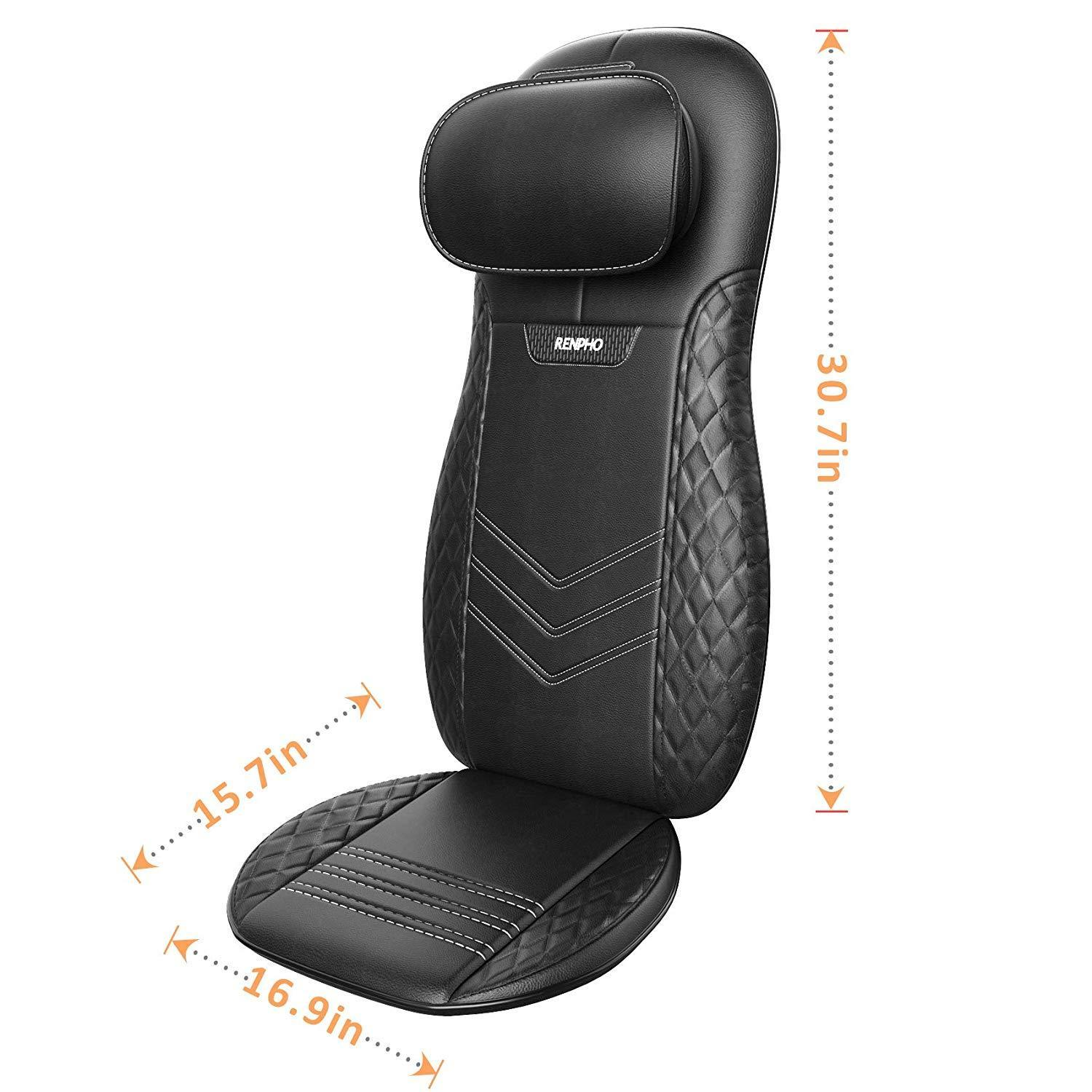 Schwarzer Autositz-Massagegerät. Es hat Abmessungen in Zoll.