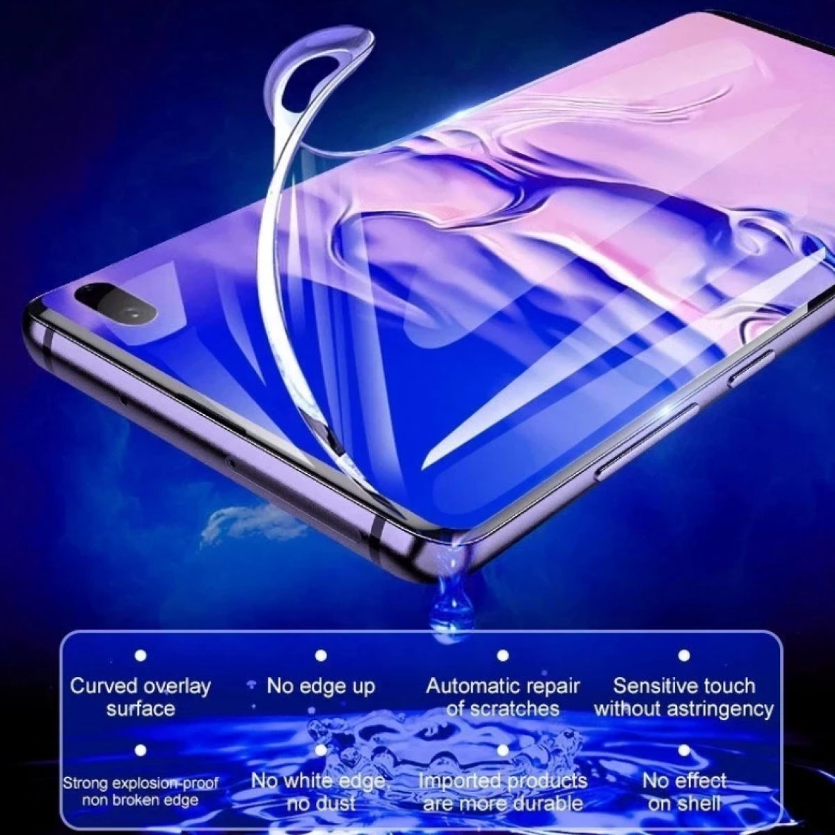 Blau getönter Displayschutz mit beschrifteten Vorteilen. Gekrümmte Oberfläche, kein Rand, automatische Reparatur, etc.