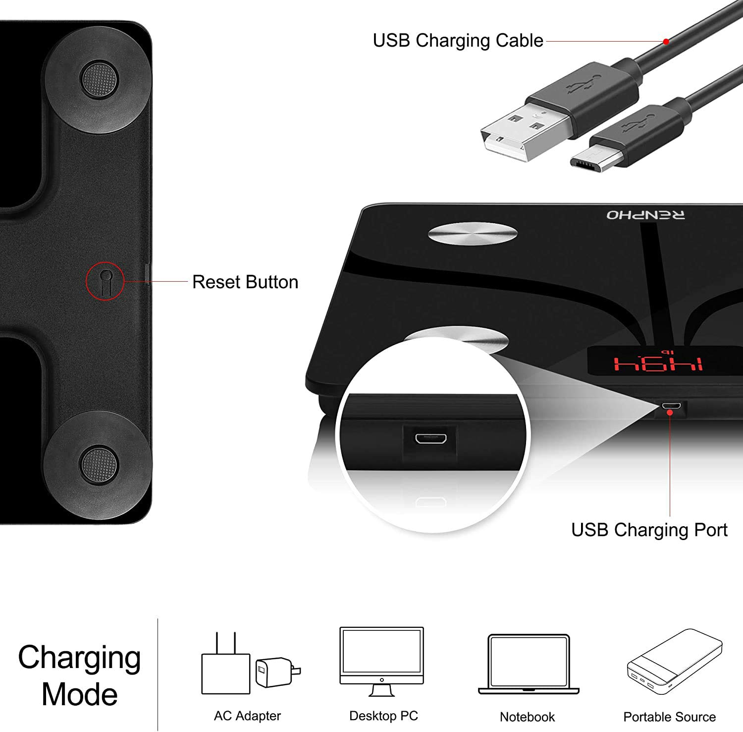 Schwarze Digitalwaage mit USB-Ladeanschluss und -Kabel, Details zum Lademodus.