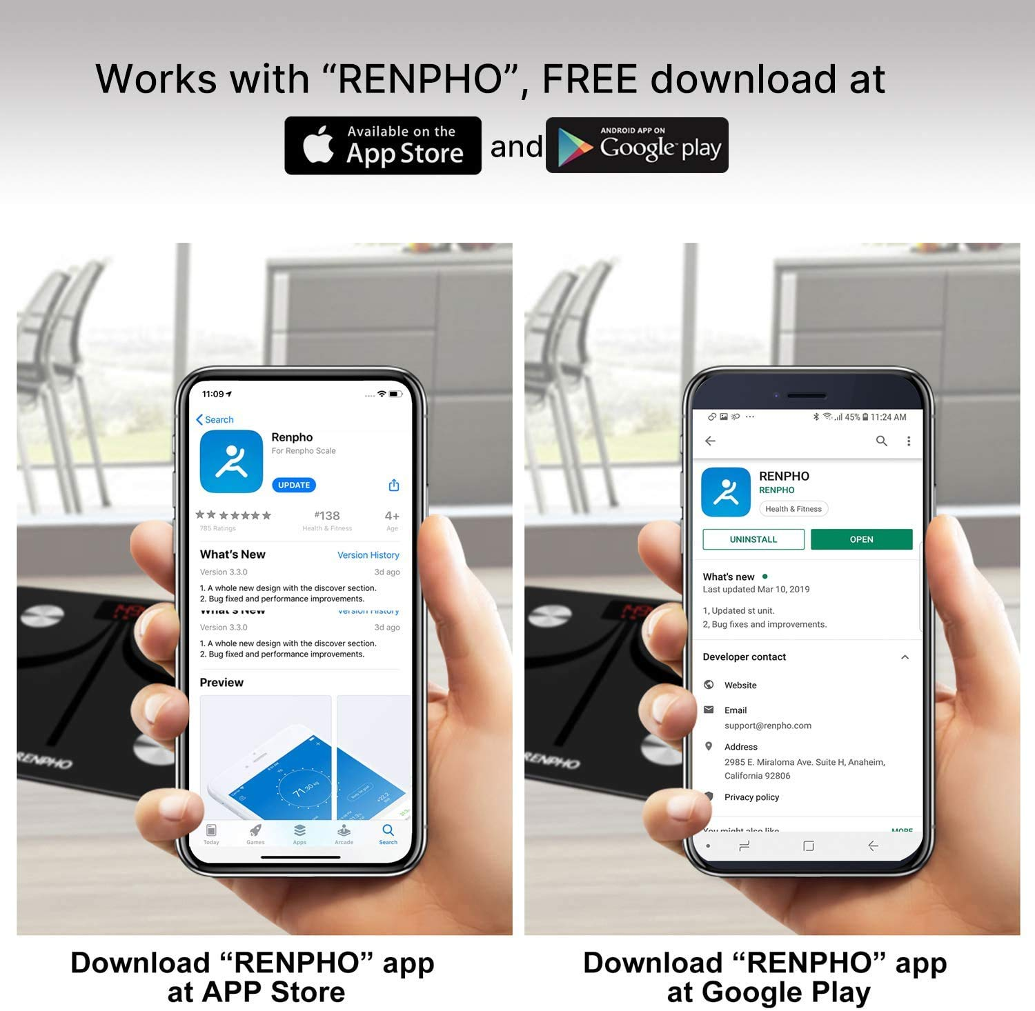 Zwei Telefone zeigen die Renpho-App, eines im App Store und das andere im Google Play Store.