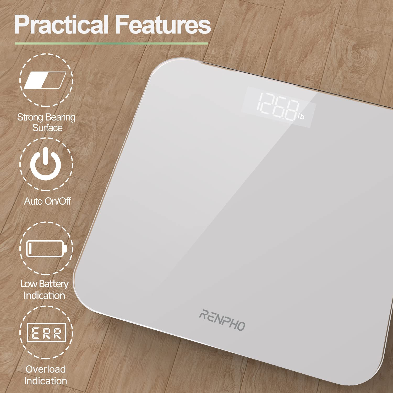 Bilancia digitale bianca con display che mostra 126.8 lb, su pavimento in legno.
