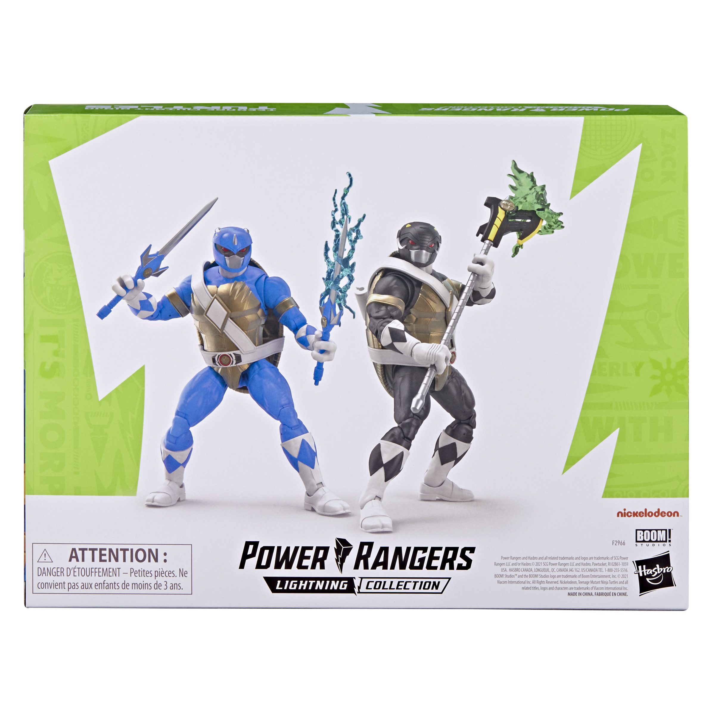 Parte trasera de la caja de juguetes Power Rangers, mostrando dos figuras de acción con armas.