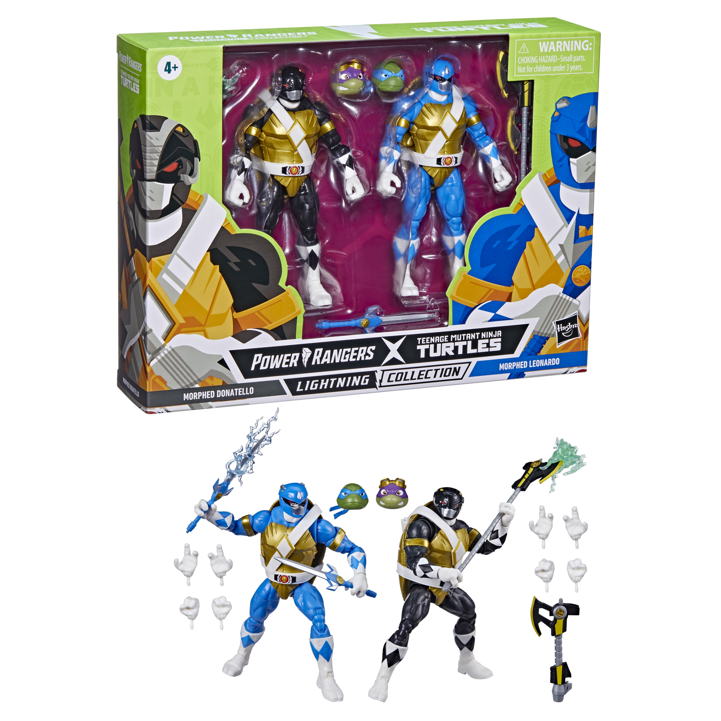 Figuras de Power Rangers x TMNT en una caja y accesorios.