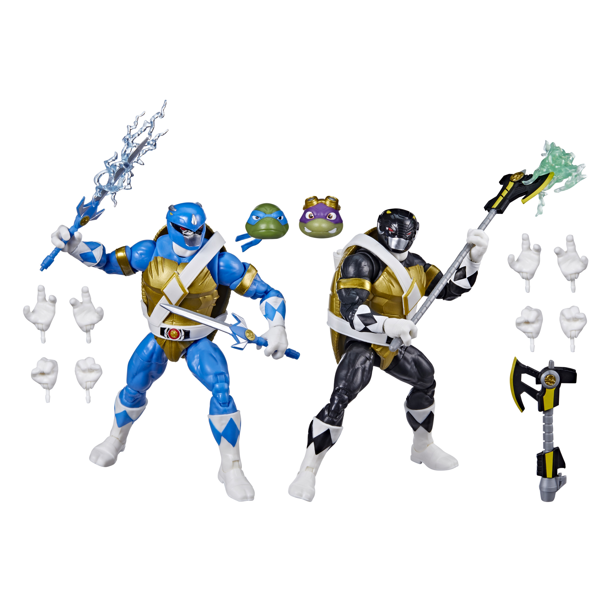 Dos figuras de acción Power Ranger con armas y cabezas intercambiables, sobre fondo blanco.