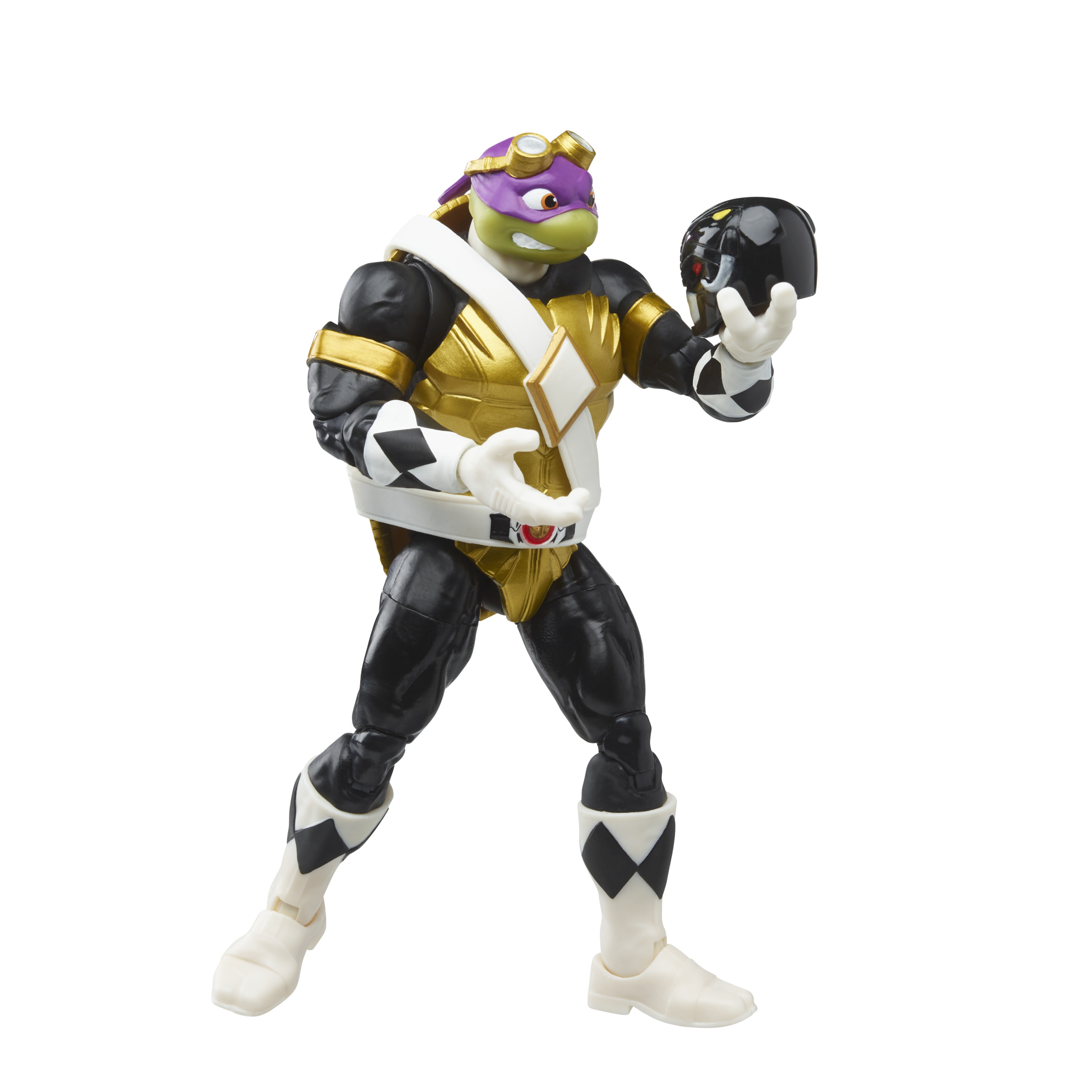Figura de acción de Donatello con un atuendo tipo Power Ranger, sosteniendo un casco negro.