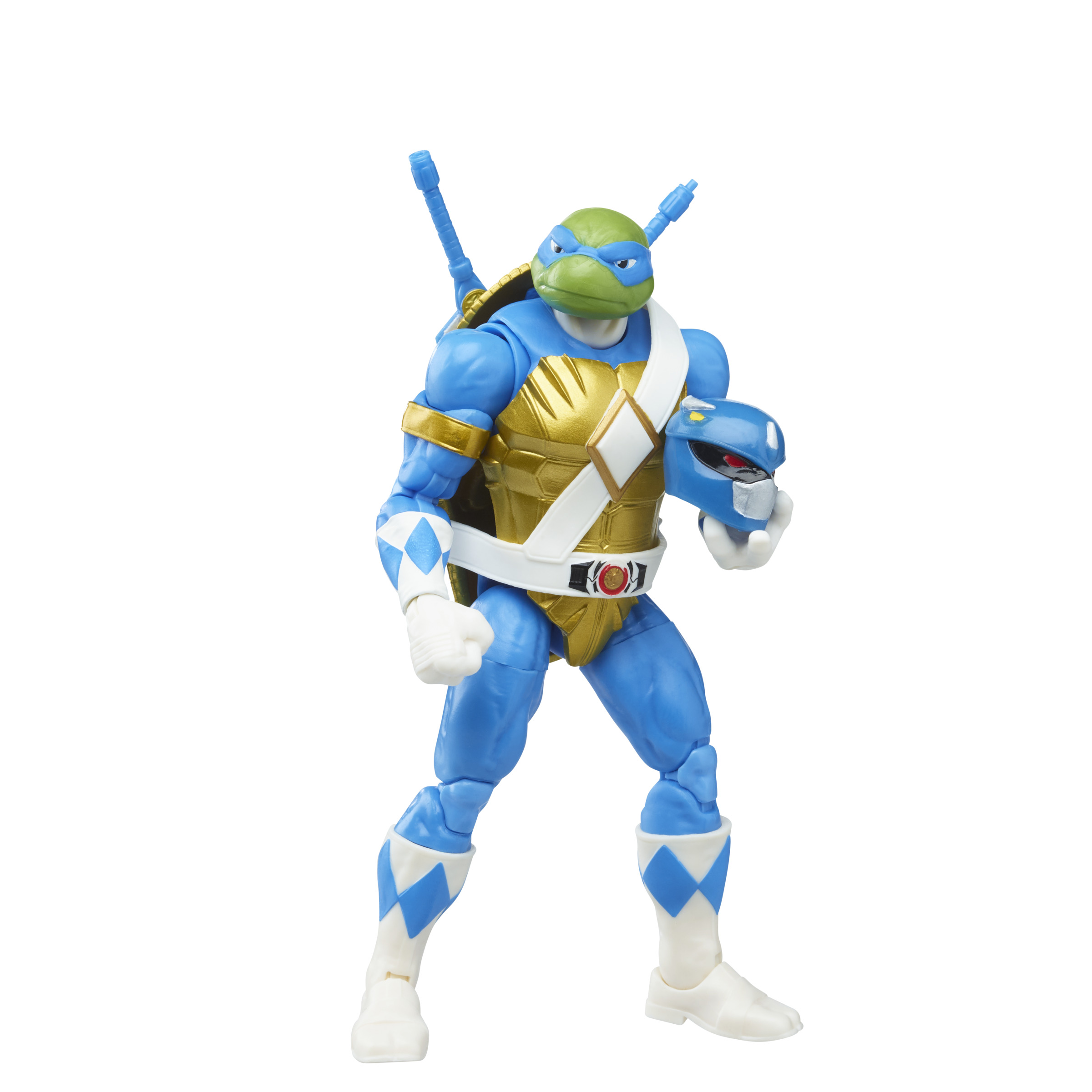 Una figura de acción de las Tortugas Ninja en un traje de Power Ranger azul y dorado.