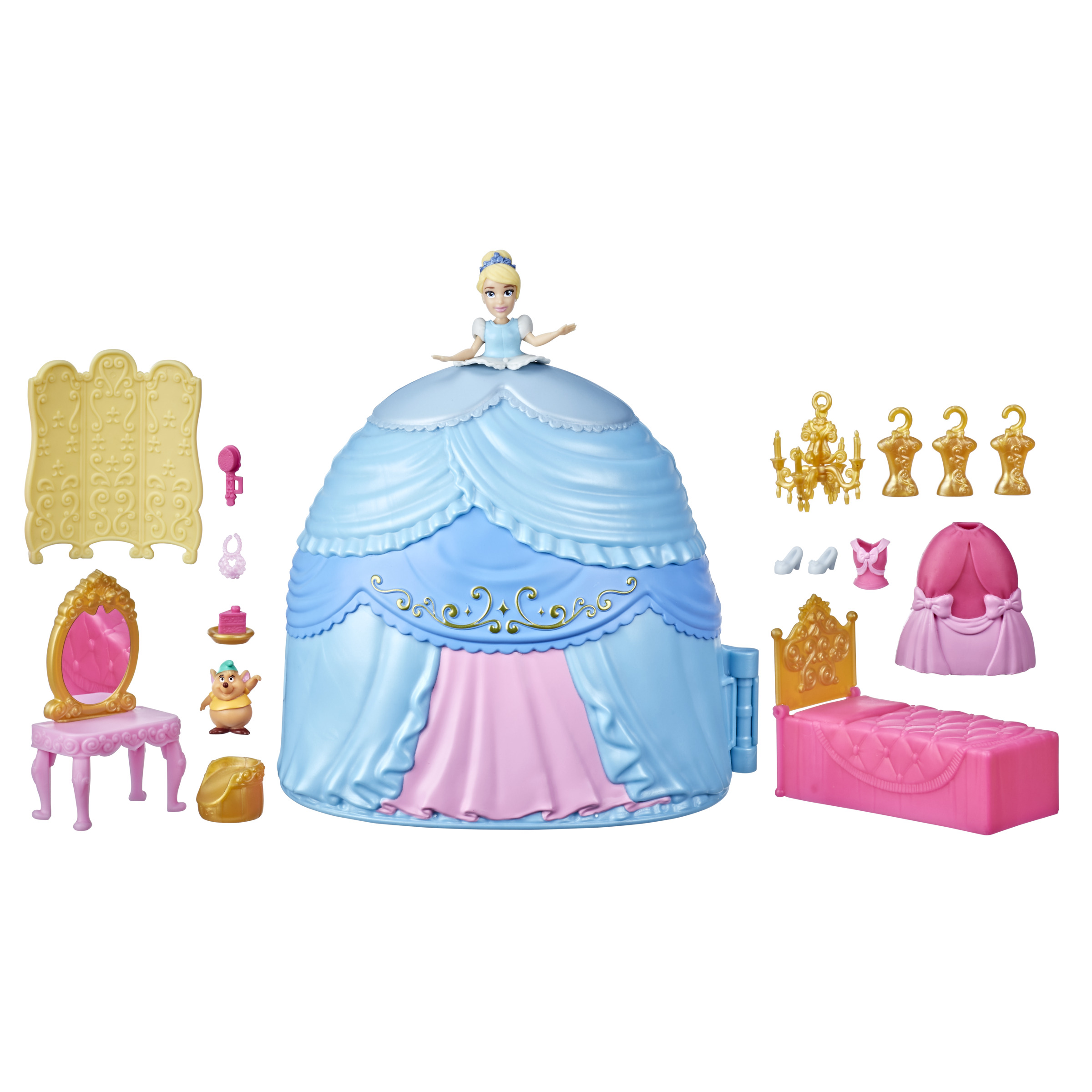Muñeca de Cenicienta con vestido azul y accesorios, incluyendo muebles y elementos de decoración.