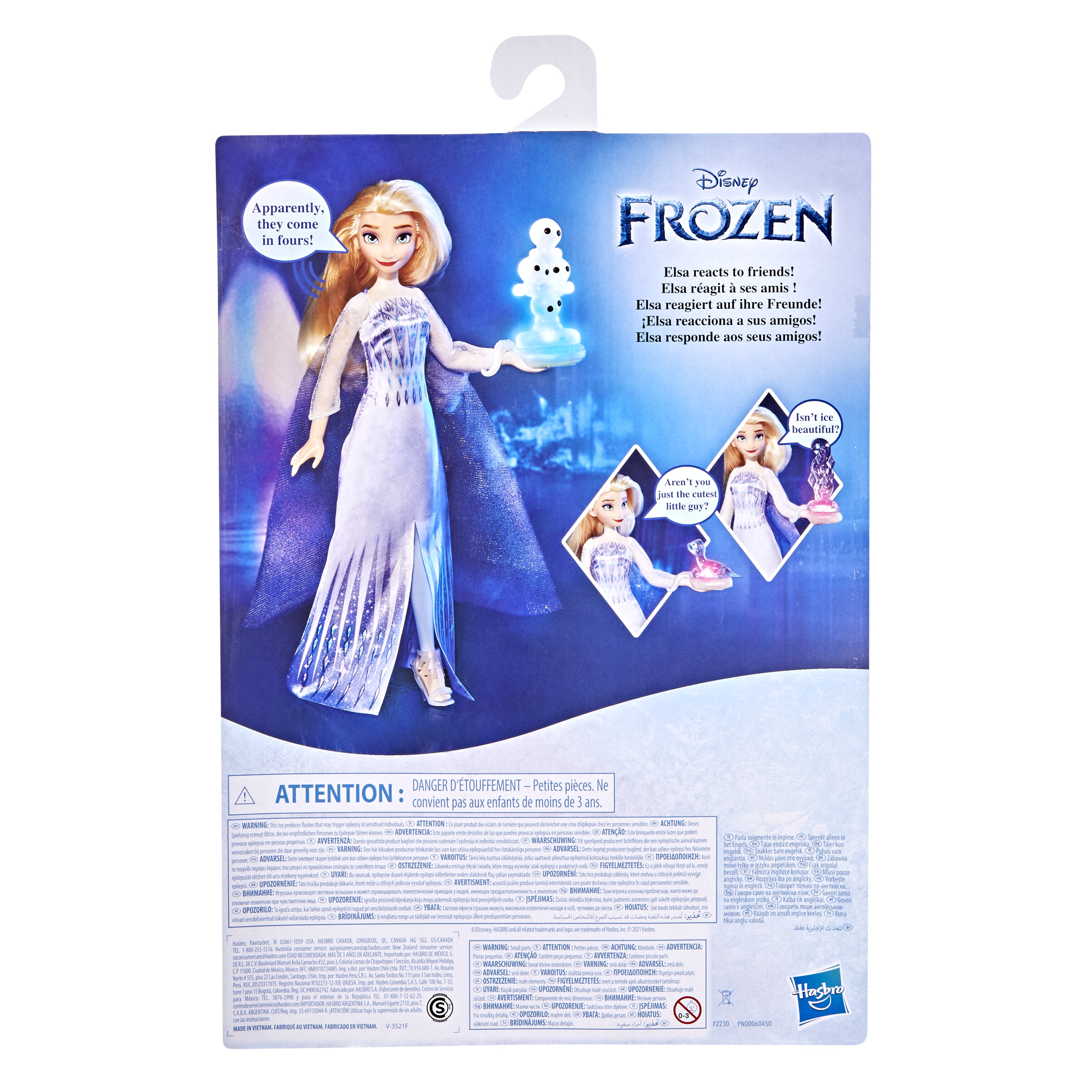 Il retro di una confezione di bambole Frozen II con Elsa, testo e immagini.