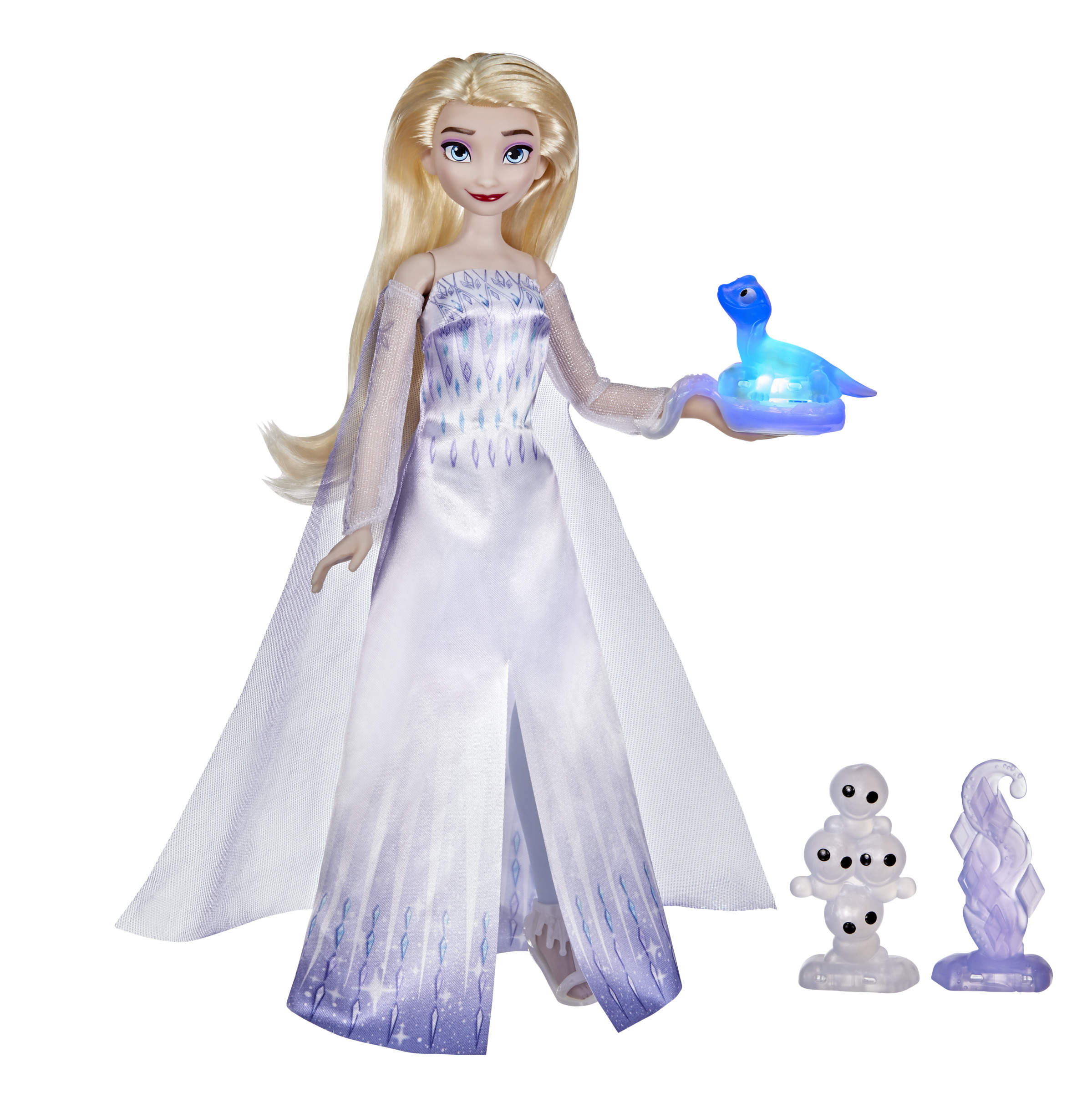 Bambola Elsa con creatura blu illuminata. Altre piccole figure di ghiaccio.