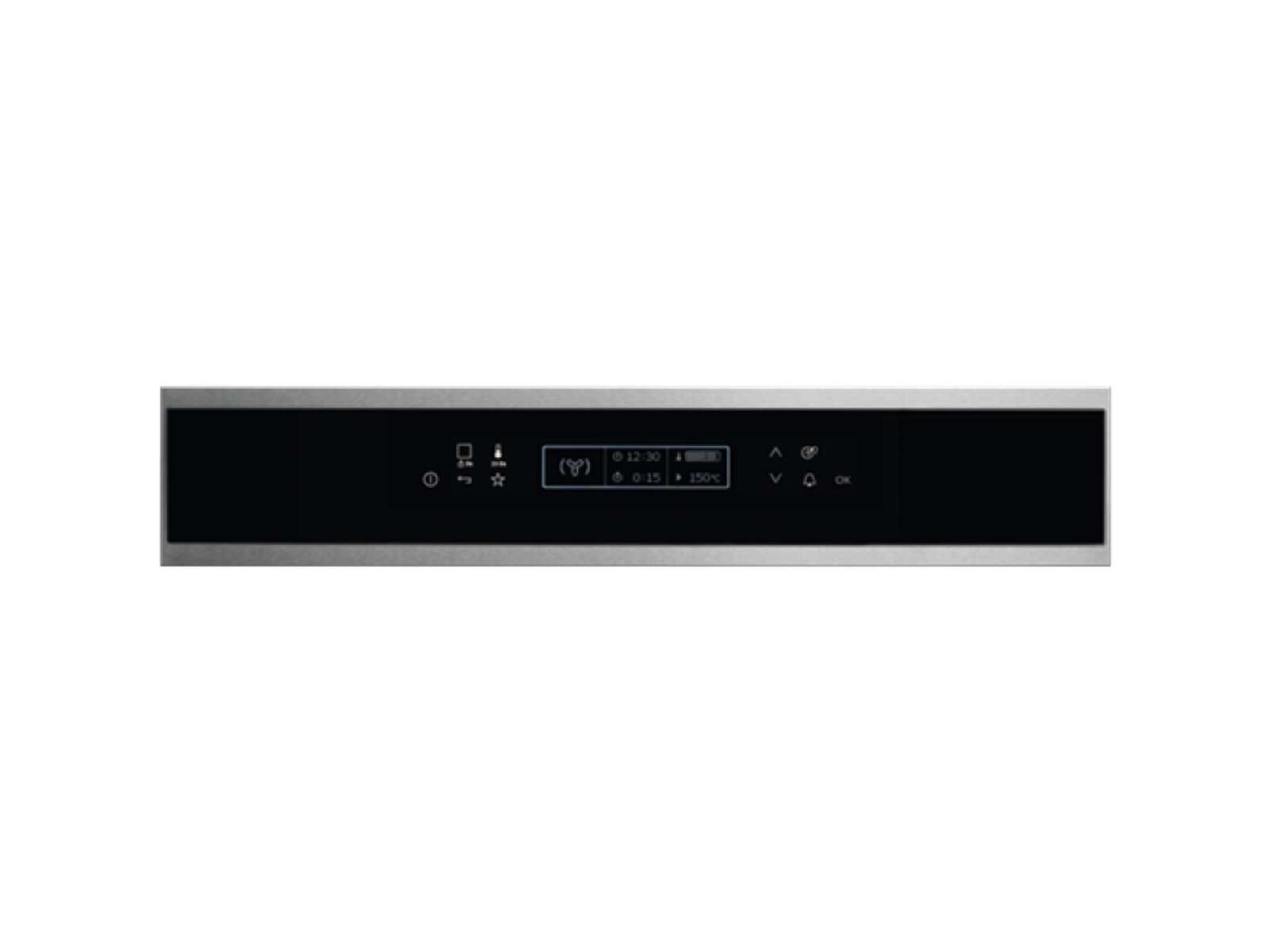 Pantalla digital en un electrodoméstico plateado muestra tiempo y ajustes.