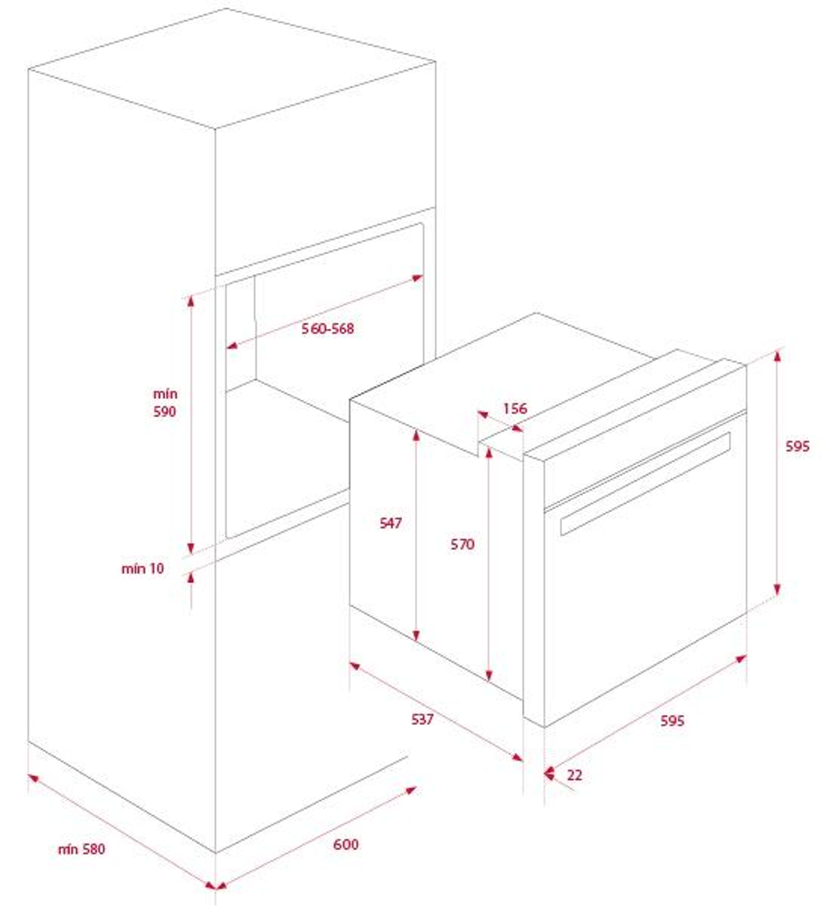 Un horno con dimensiones. Un armario alto está adjunto a la izquierda.
